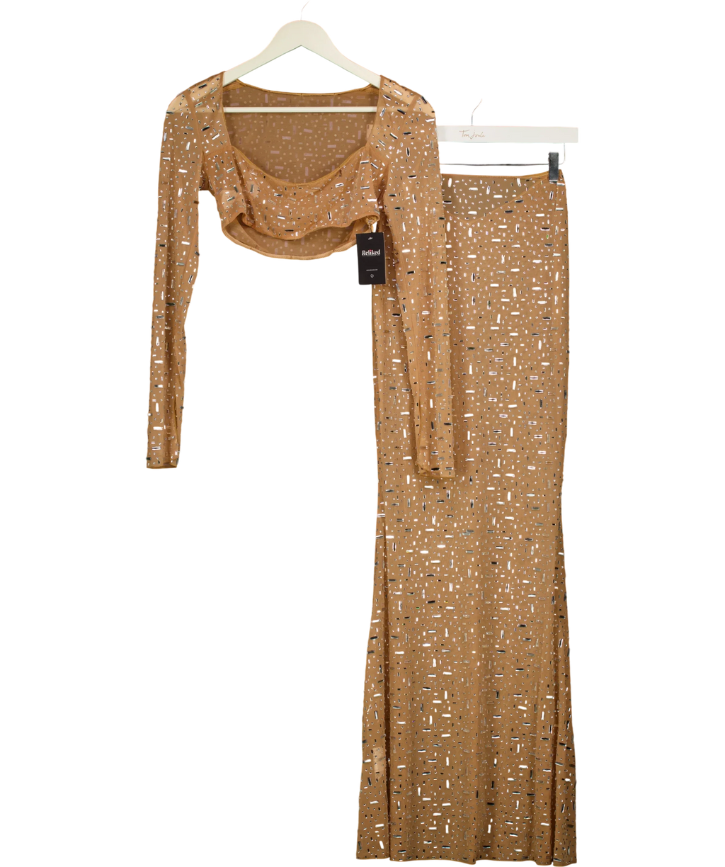 Oh Polly Beige Giulia Crop Top and Thalassa Maxi Skirt Co-Ord Set Almond, size UK S — back