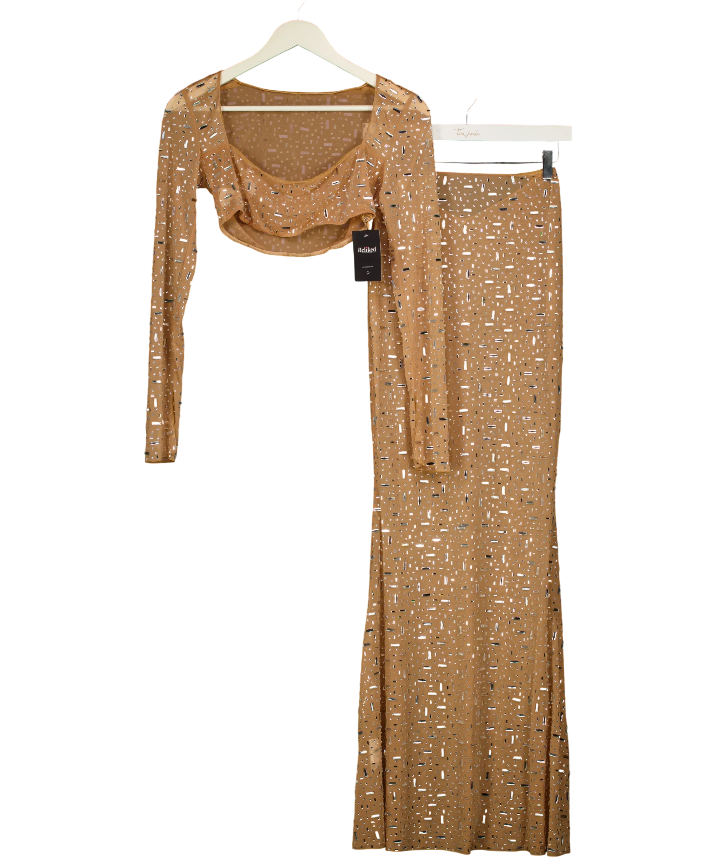 Oh Polly Beige Giulia Crop Top and Thalassa Maxi Skirt Co-Ord Set Almond, size UK S — back