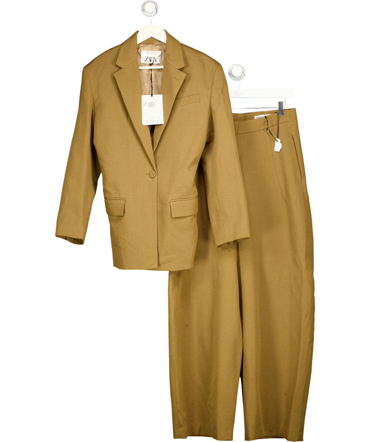 ZARA Green Limited Edition Wool Fitted Blazer & Trouser Set Tan Brown, size UK M — front