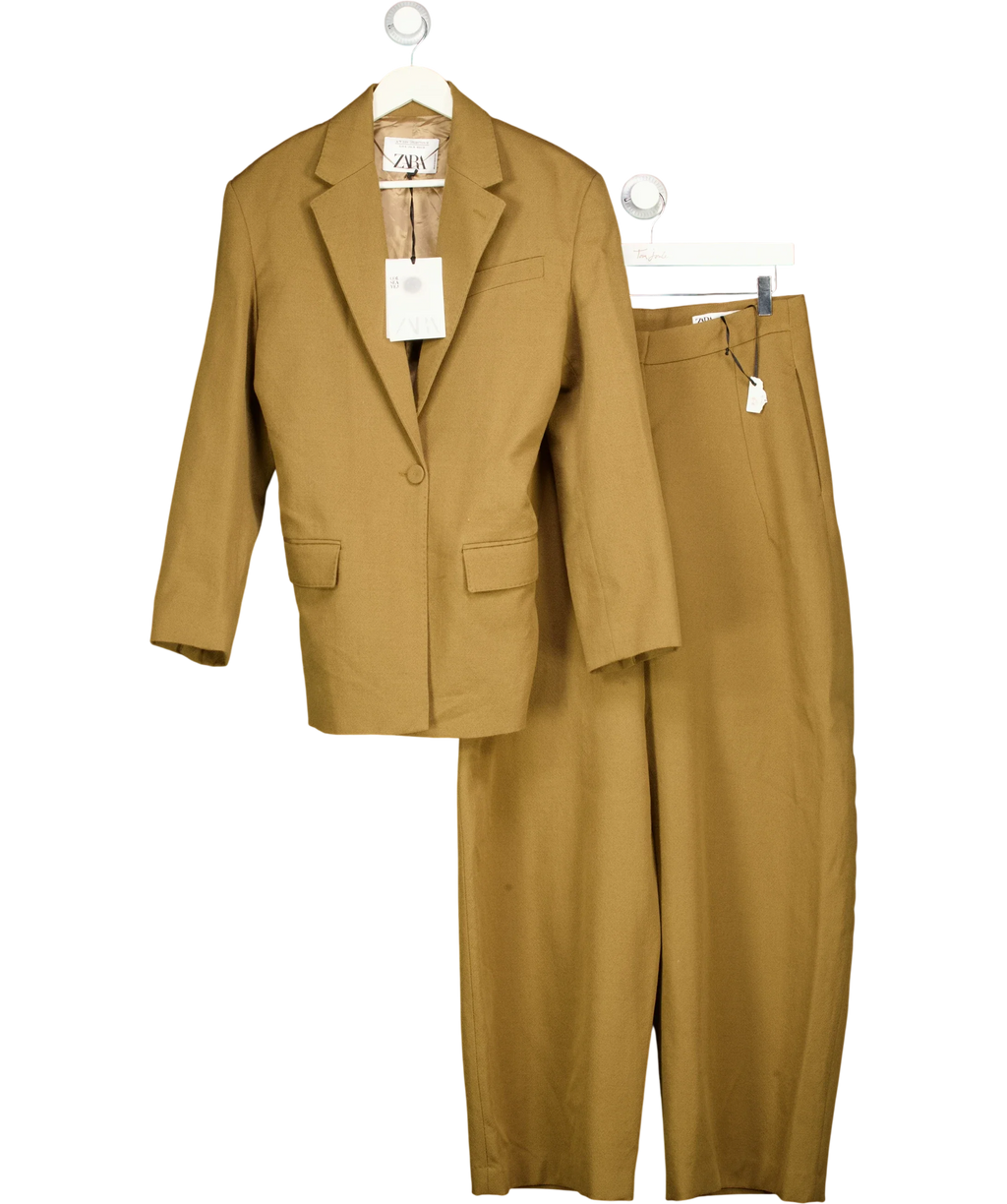 ZARA Green Limited Edition Wool Fitted Blazer & Trouser Set Tan Brown, size UK M — front