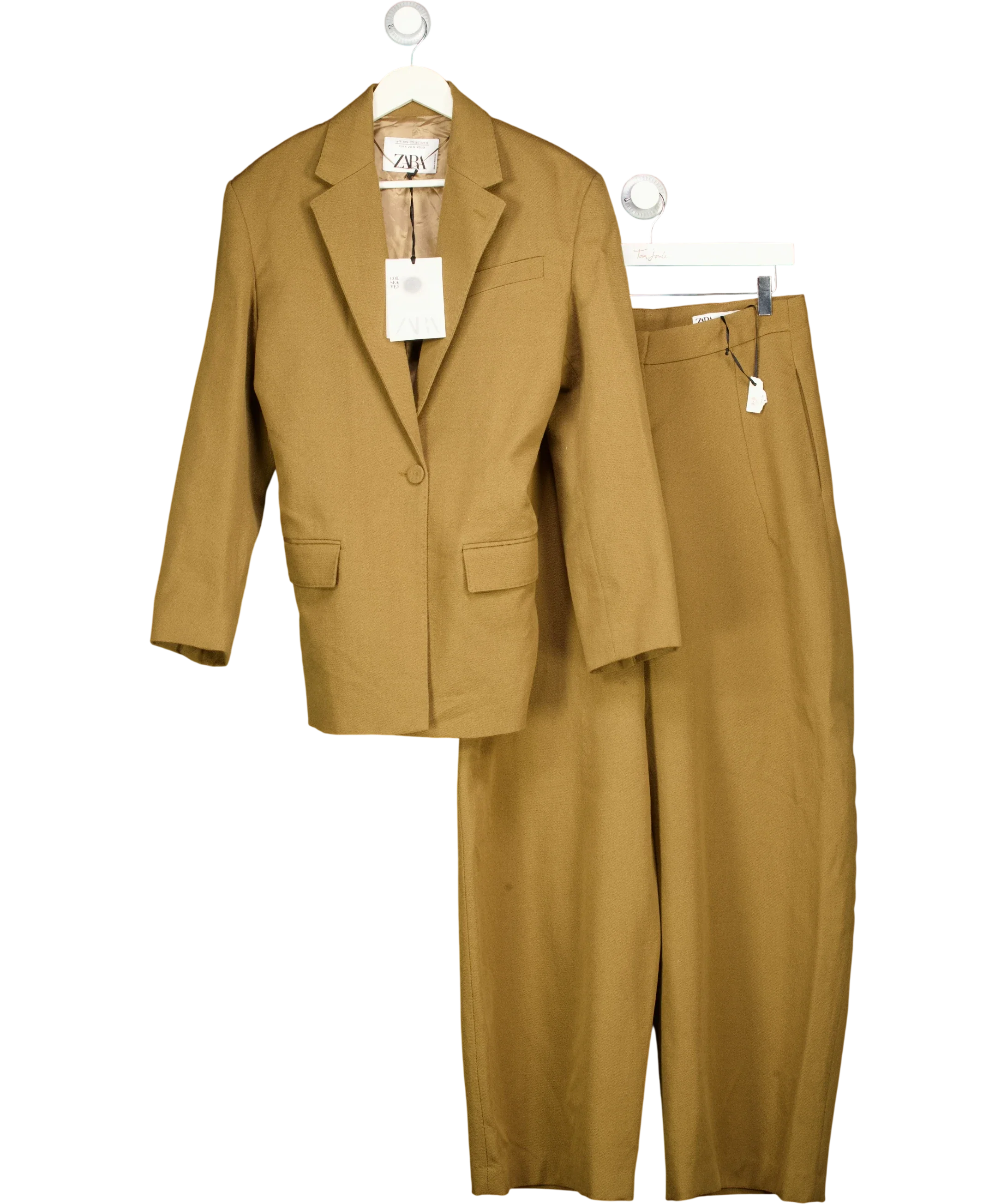 ZARA Green Limited Edition Wool Fitted Blazer & Trouser Set Tan Brown, size UK M — front