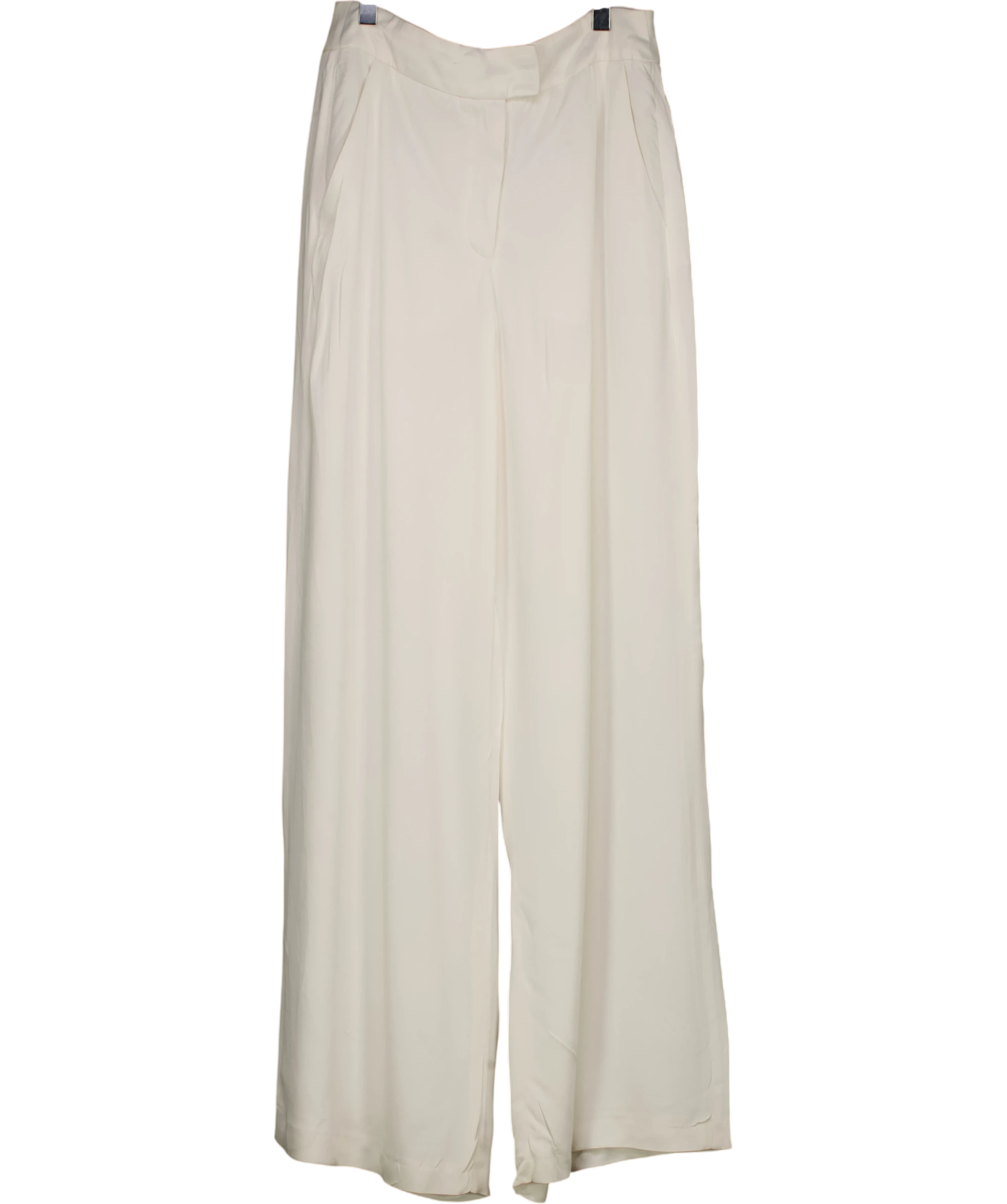 KAREN MILLEN White Petite Viscose Satin Wide Leg Trousers Ivory UK 10 — Front