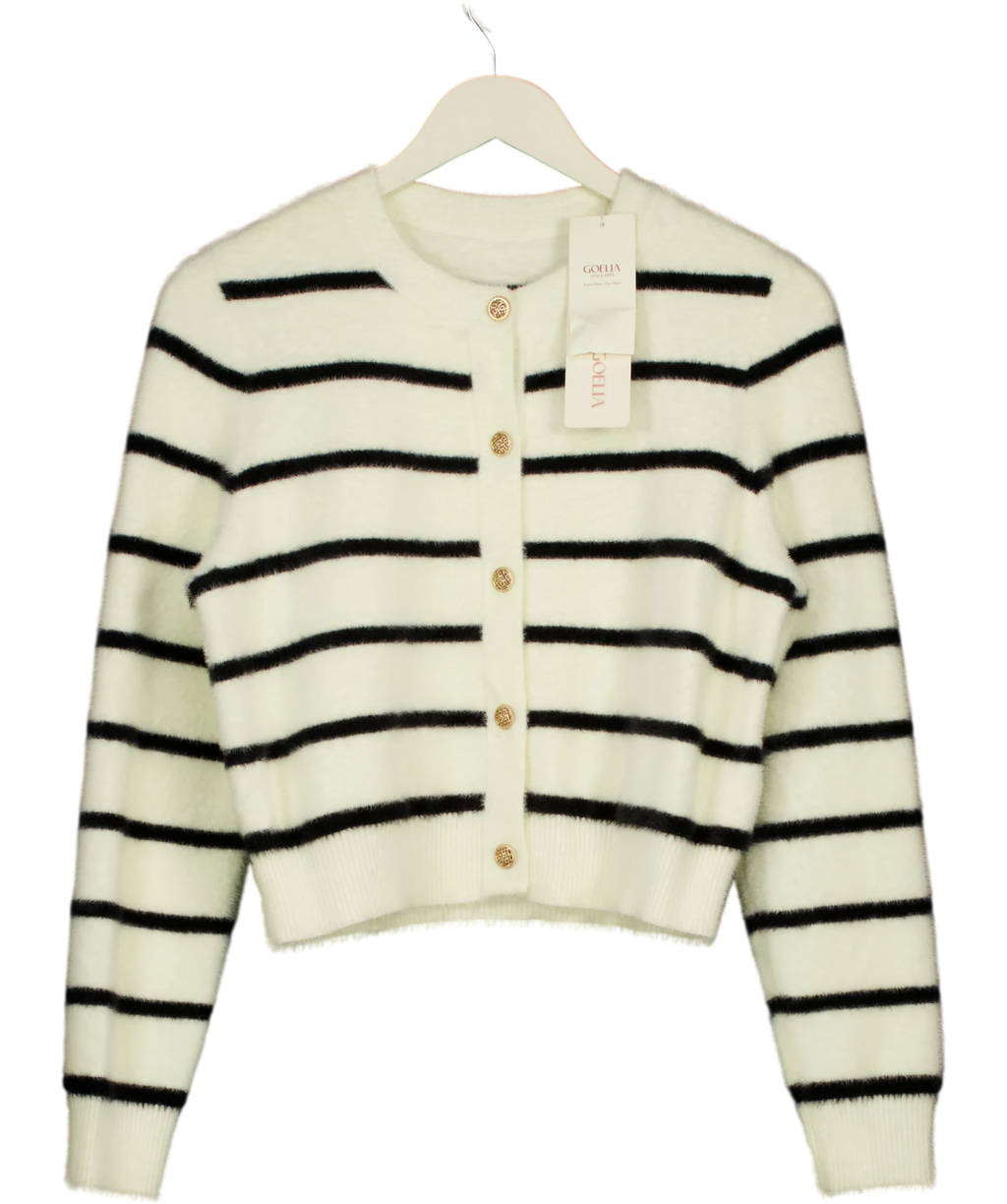 GOELIA Eco-friendly Mink Knitted Striped Cardigan White / Black UK M — Front