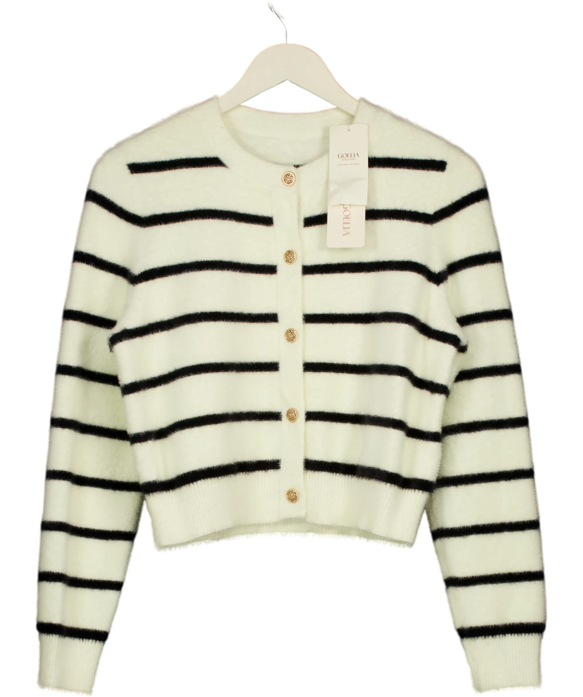 GOELIA Eco-friendly Mink Knitted Striped Cardigan White / Black UK M — Front