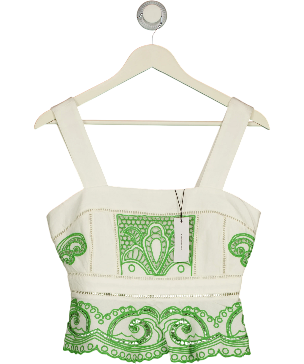 KAREN MILLEN White Karen Millen Petite Cutwork Embroidered Ruffle Top Green UK 8 — Front