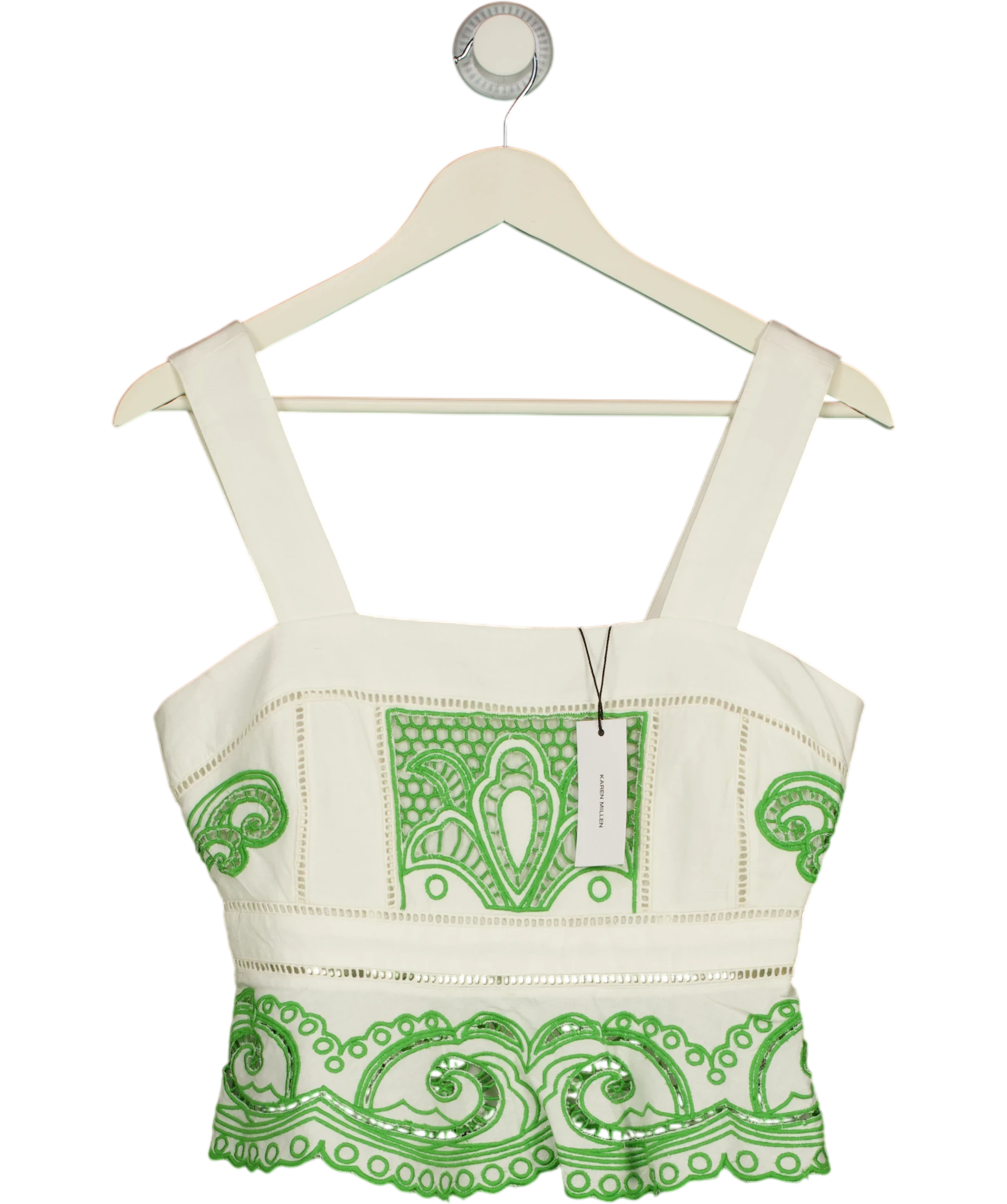 KAREN MILLEN White Karen Millen Petite Cutwork Embroidered Ruffle Top Green UK 8 — Front
