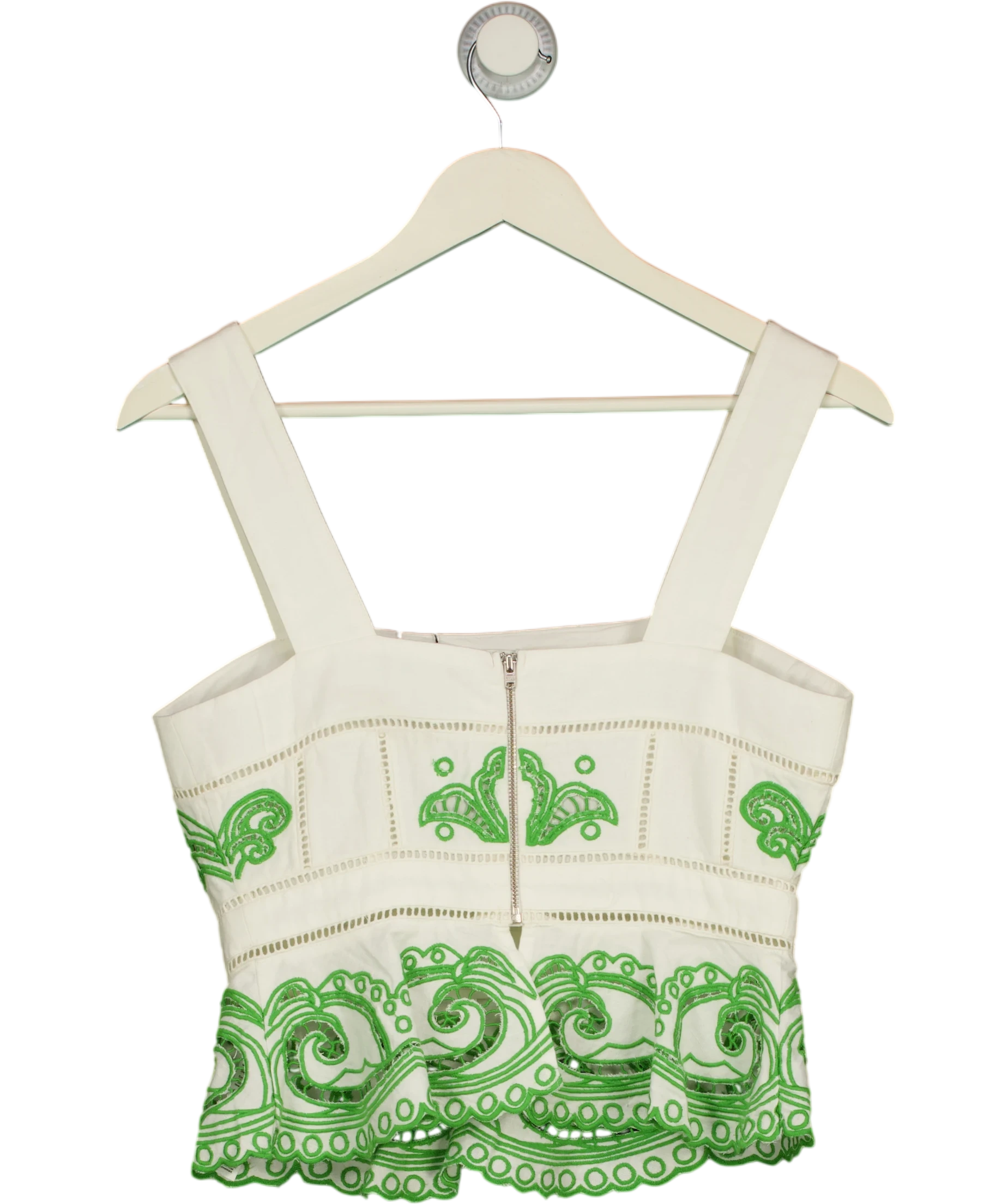 KAREN MILLEN White Karen Millen Petite Cutwork Embroidered Ruffle Top Green UK 8 — Back