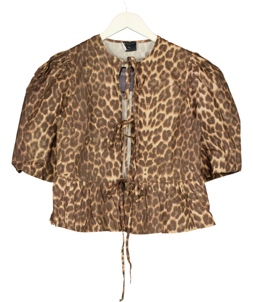 ASOS Brown Cotton Poplin Peplum Tie Shirt Top In Leopard Print UK S — Front