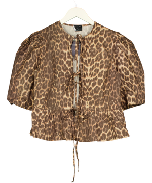 ASOS Brown Leopard Cotton Poplin Peplum Tie Shirt Top In Leopard Print UK S