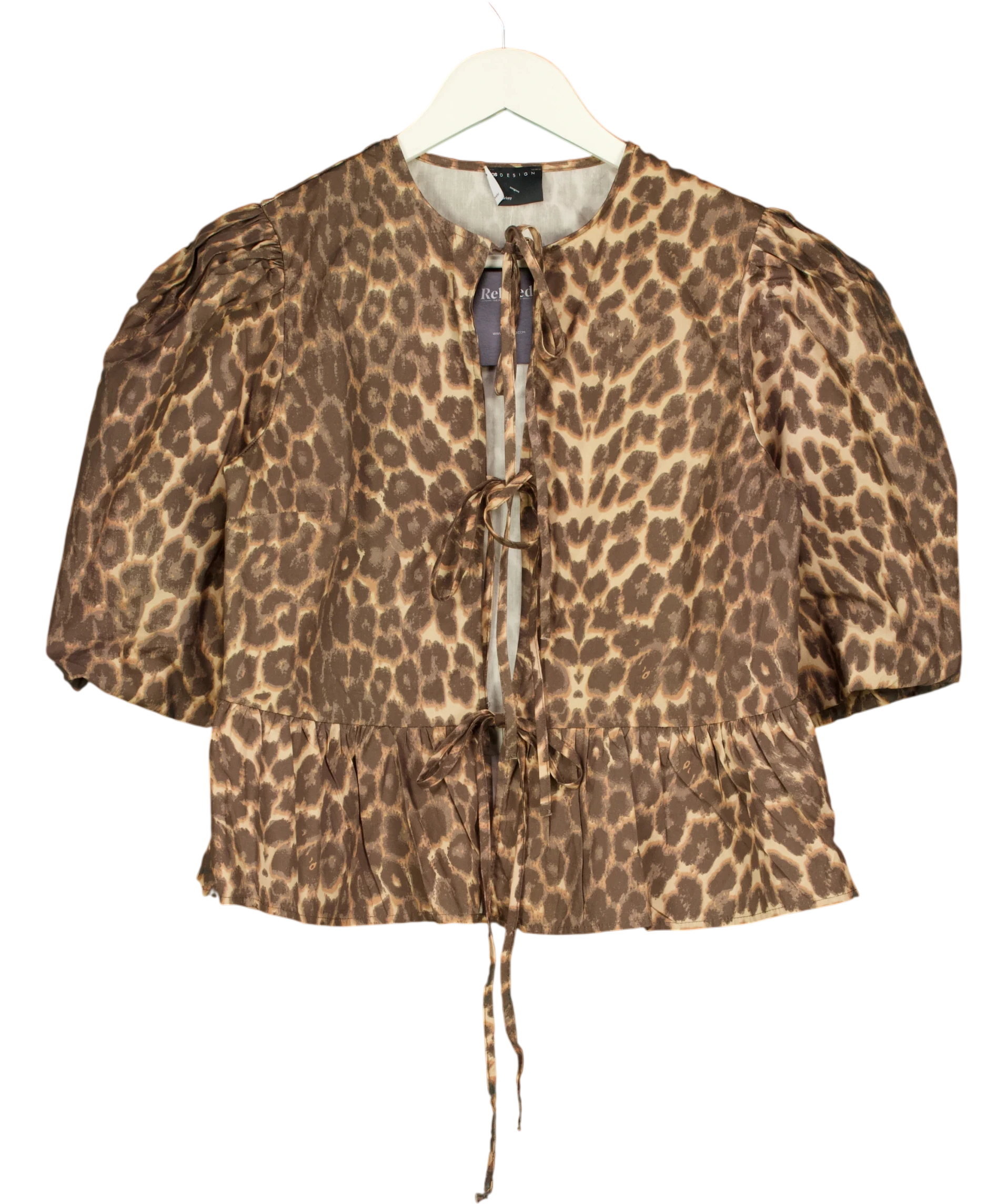 ASOS Brown Cotton Poplin Peplum Tie Shirt Top In Leopard Print UK S — Front