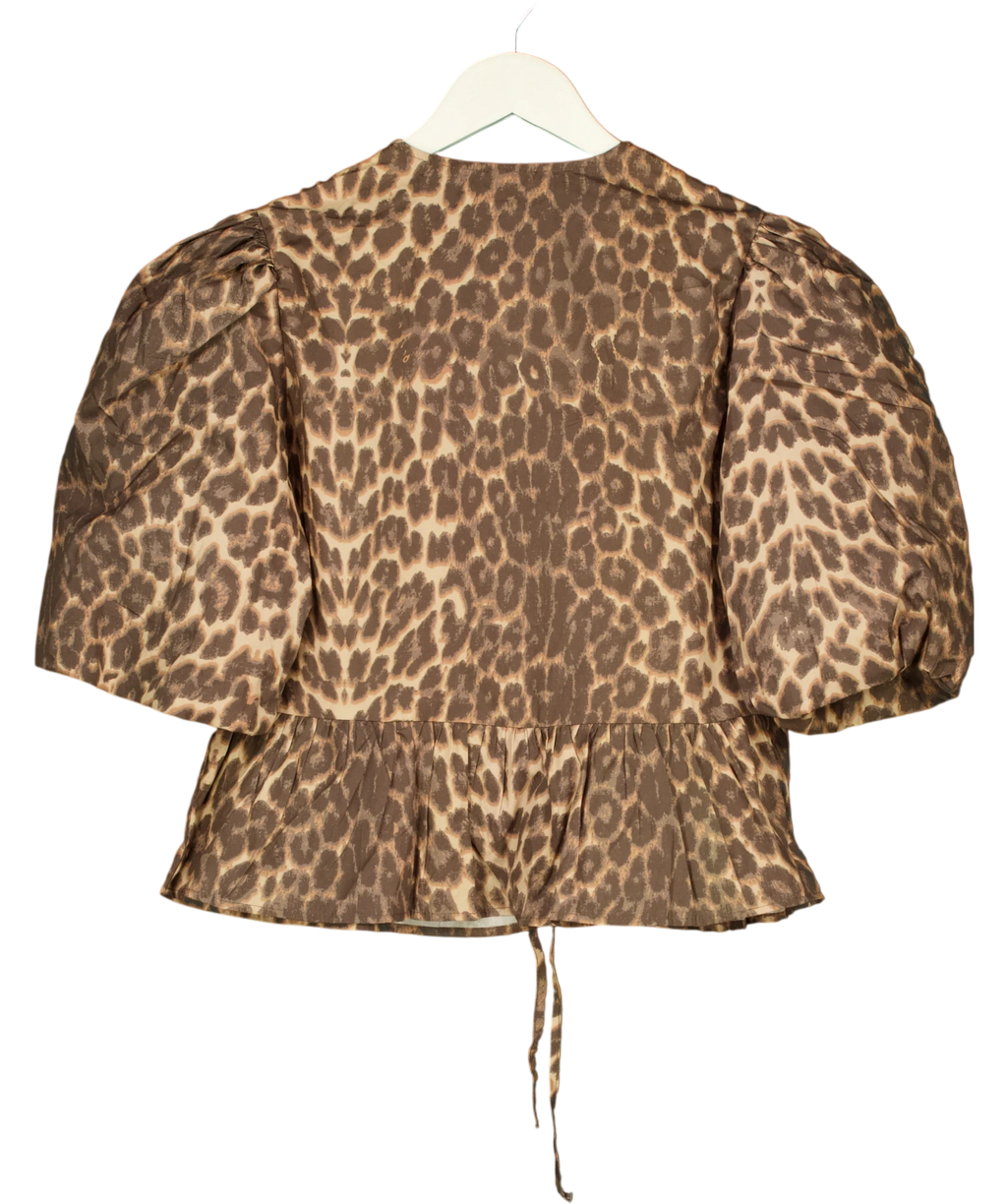 ASOS Brown Cotton Poplin Peplum Tie Shirt Top In Leopard Print UK S — Back