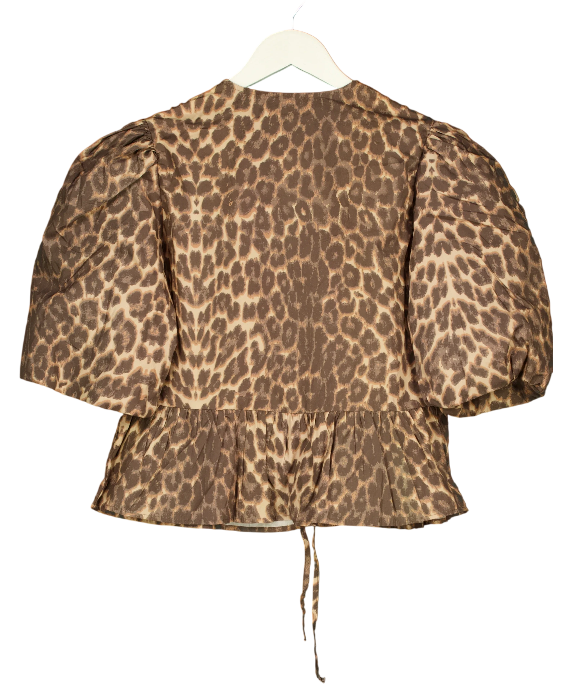 ASOS Brown Cotton Poplin Peplum Tie Shirt Top In Leopard Print UK S — Back