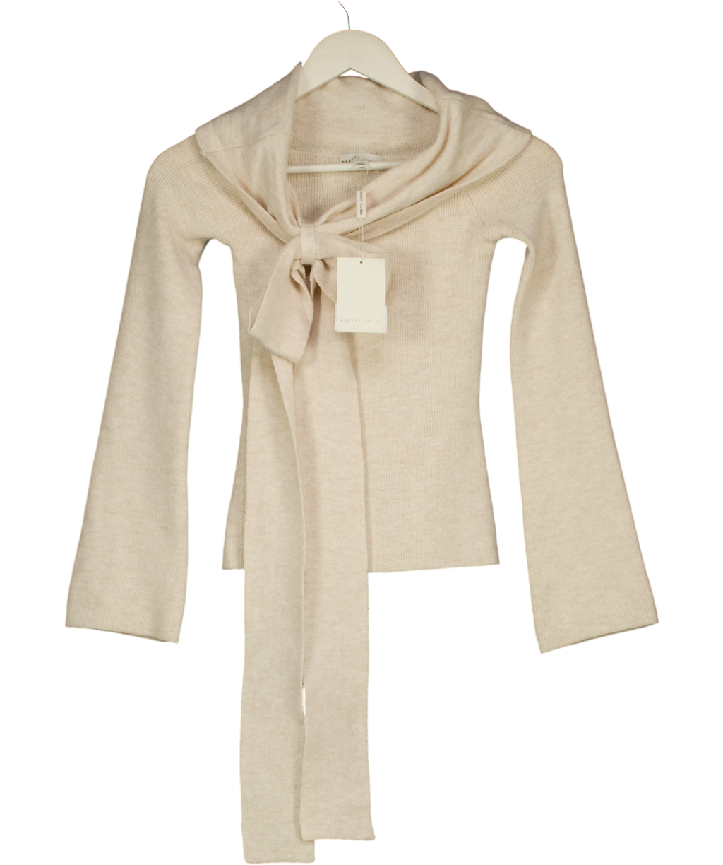 PRETTY LAVISH Beige Tilda Bardot Bow Knit Top UK XS — Front