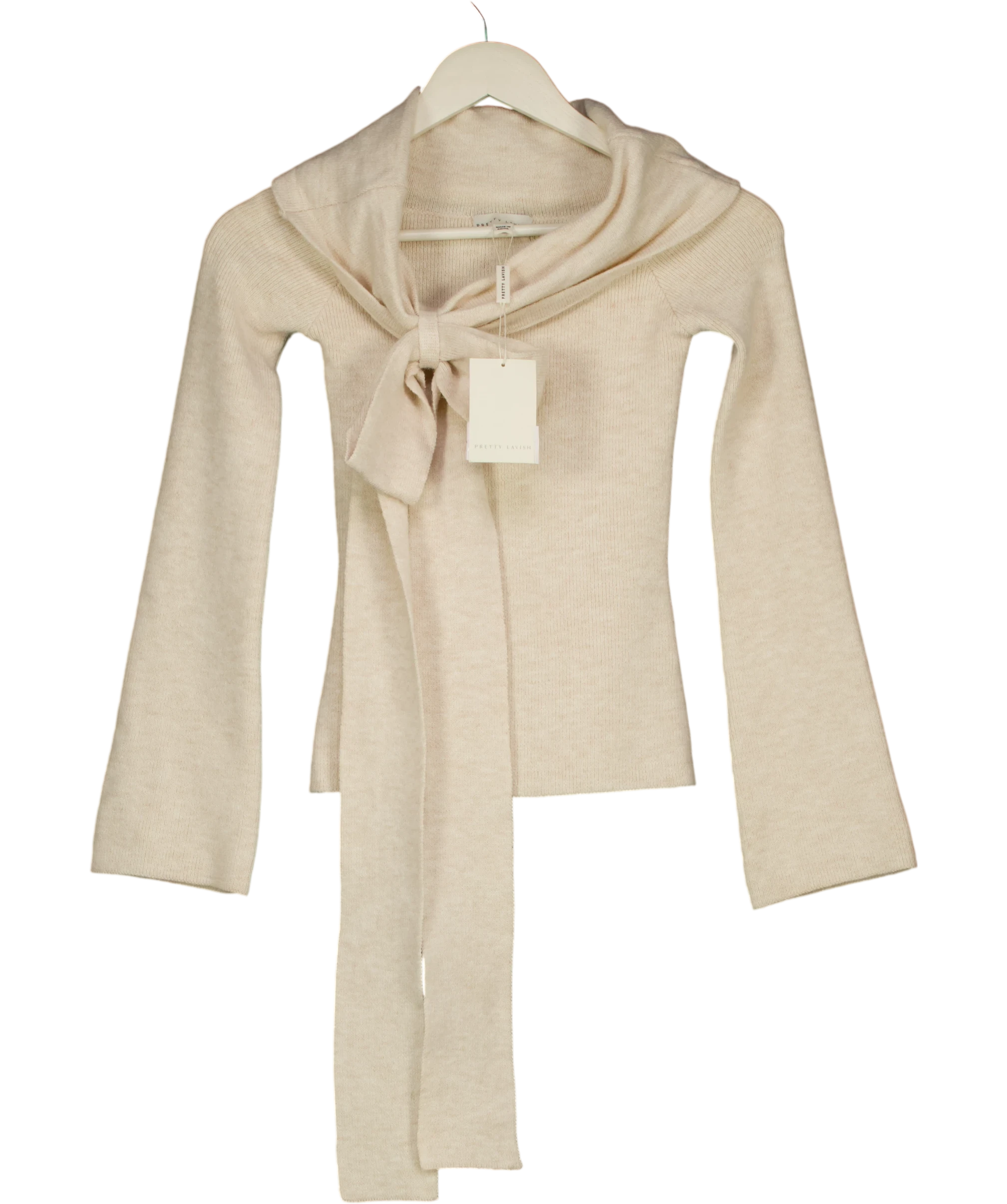 PRETTY LAVISH Beige Tilda Bardot Bow Knit Top UK XS — Front