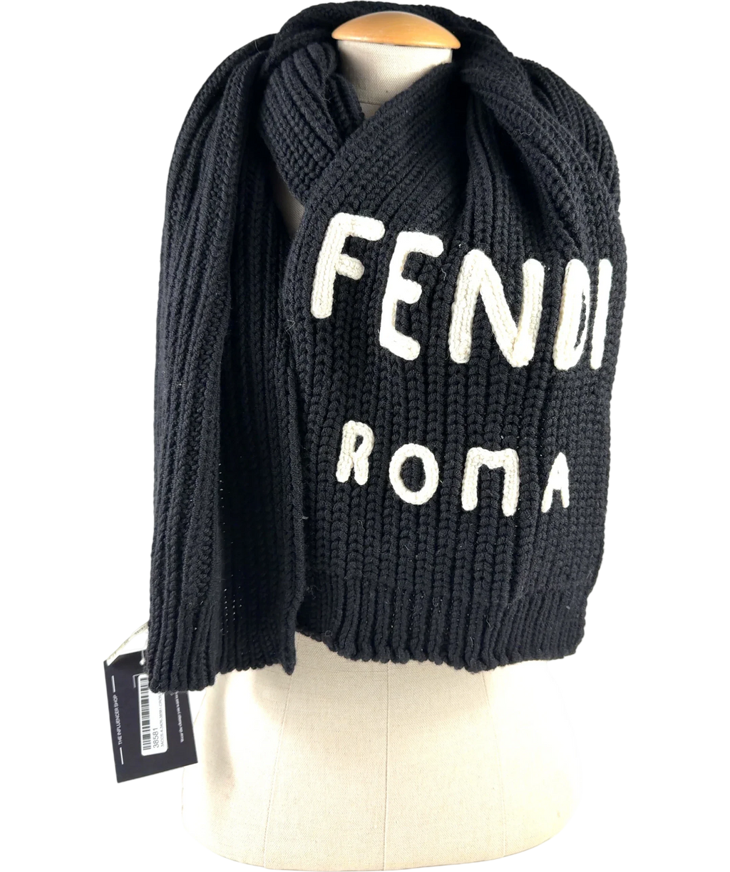 Fendi Black Black & White Virgin Wool Logo Scarf — front
