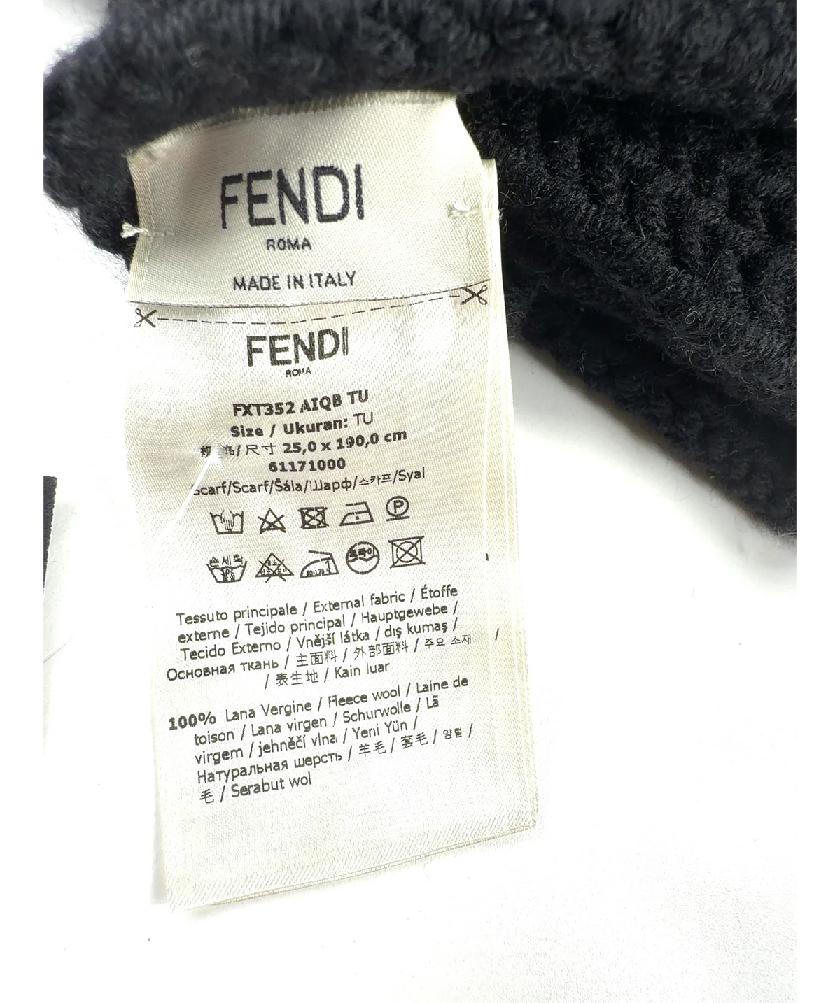 Fendi Black Black & White Virgin Wool Logo Scarf — care label