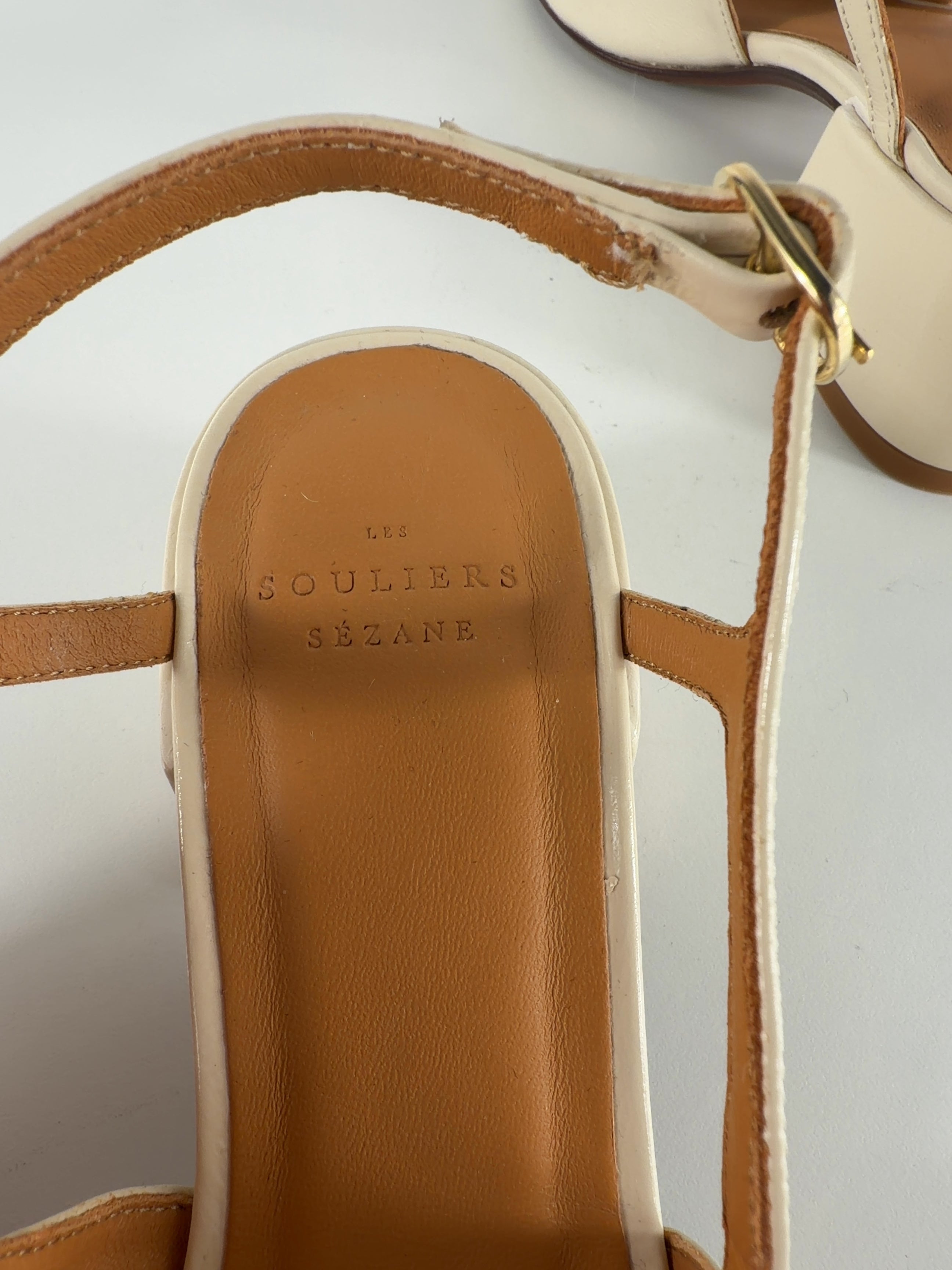 Sezane Cream Paula Babies Cream Patent Heels, size UK 5 EU 38 👼 — care label
