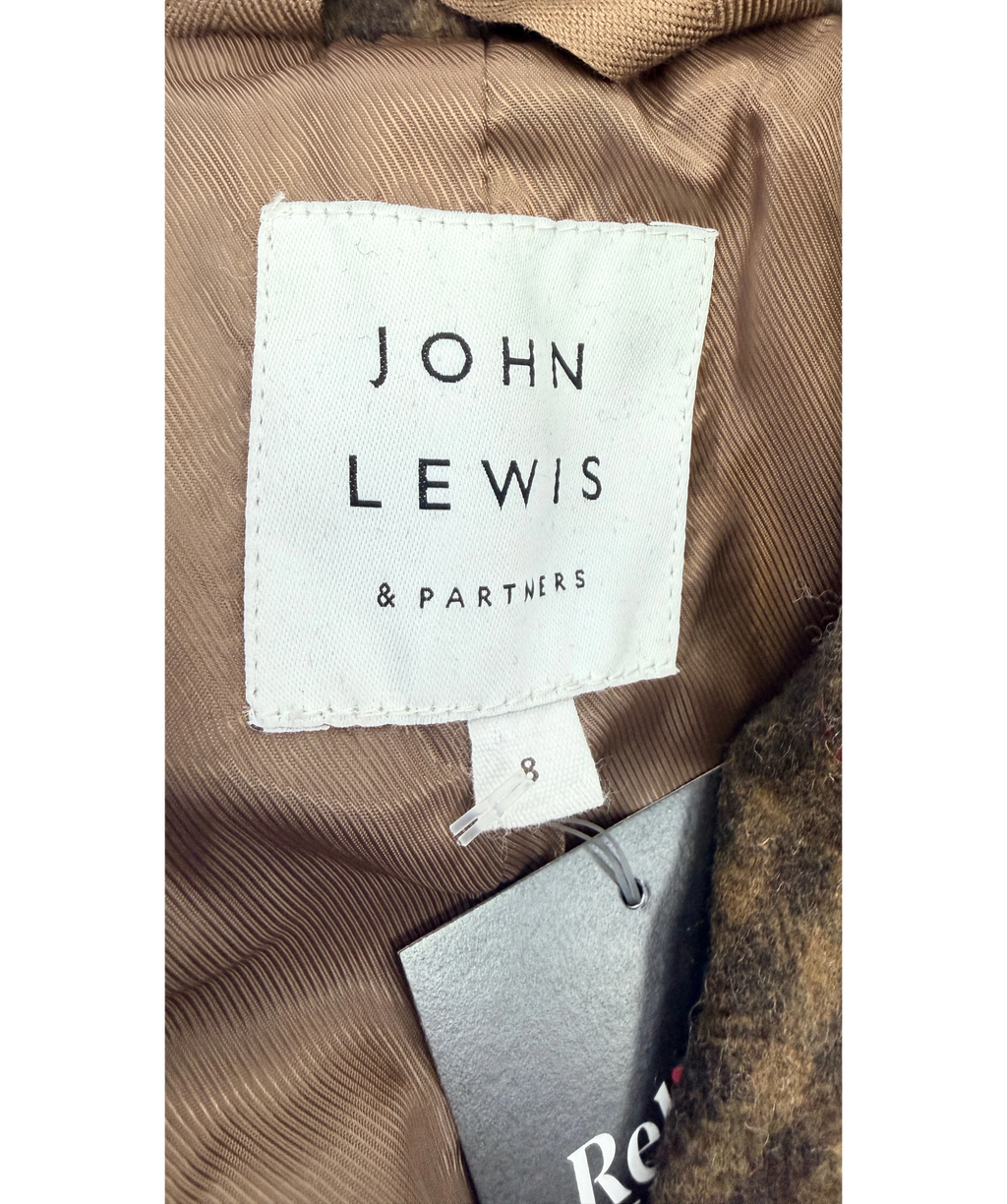 John Lewis Brown Double Breasted Wool Blend Check Coat Brown, size UK 8 — detail