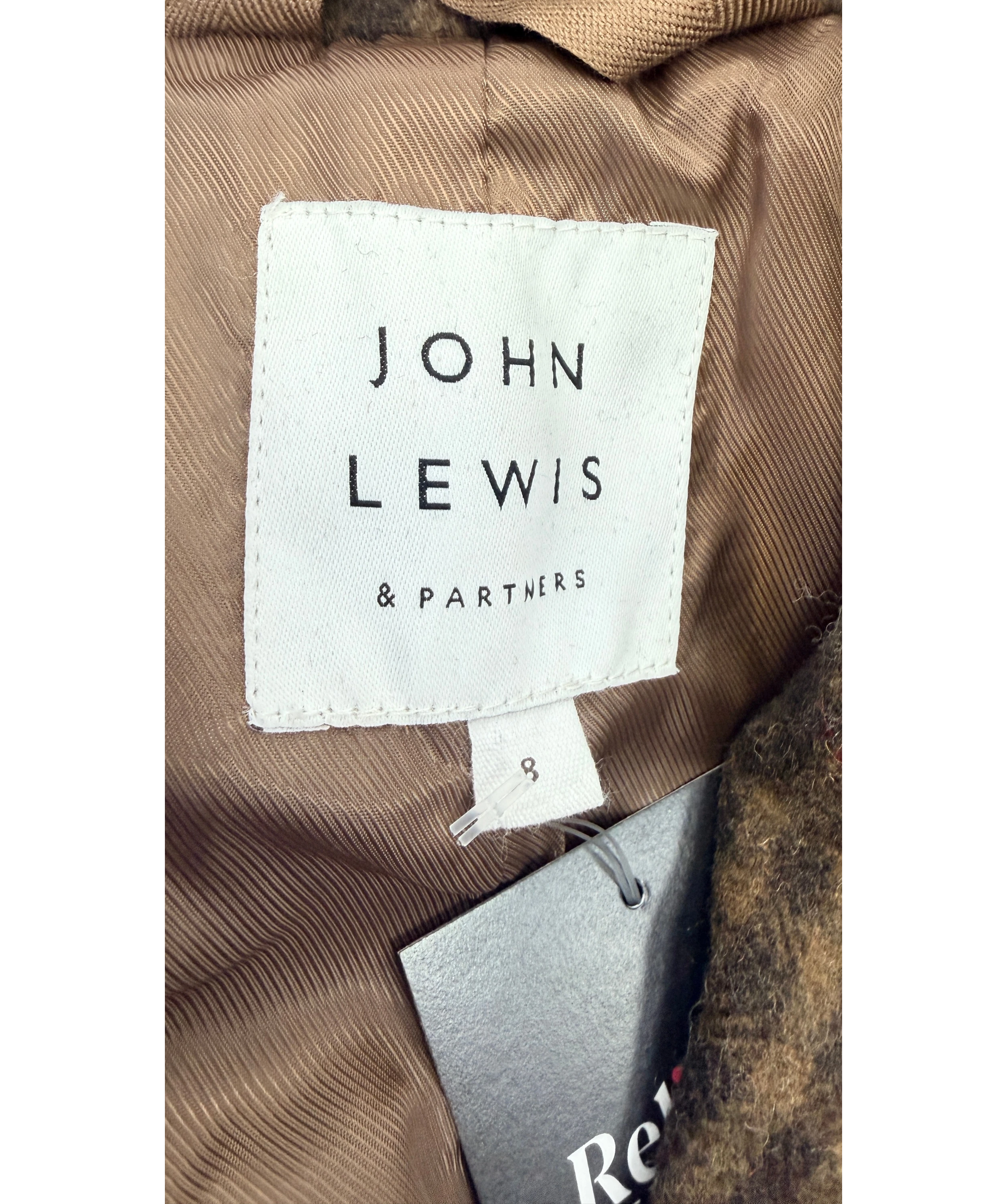 John Lewis Brown Double Breasted Wool Blend Check Coat Brown, size UK 8 — detail