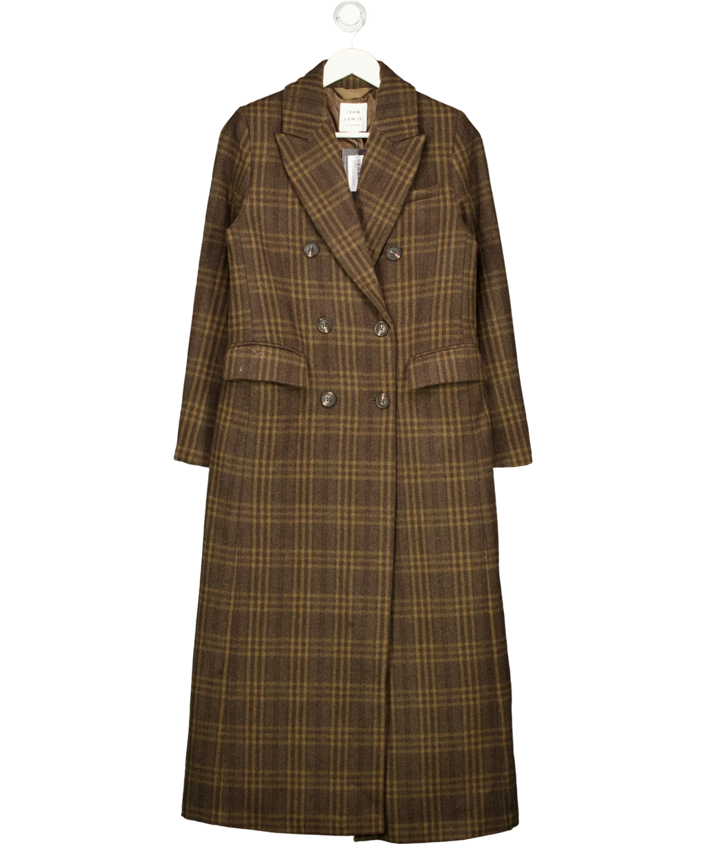 John Lewis Brown Double Breasted Wool Blend Check Coat Brown, size UK 8 — front