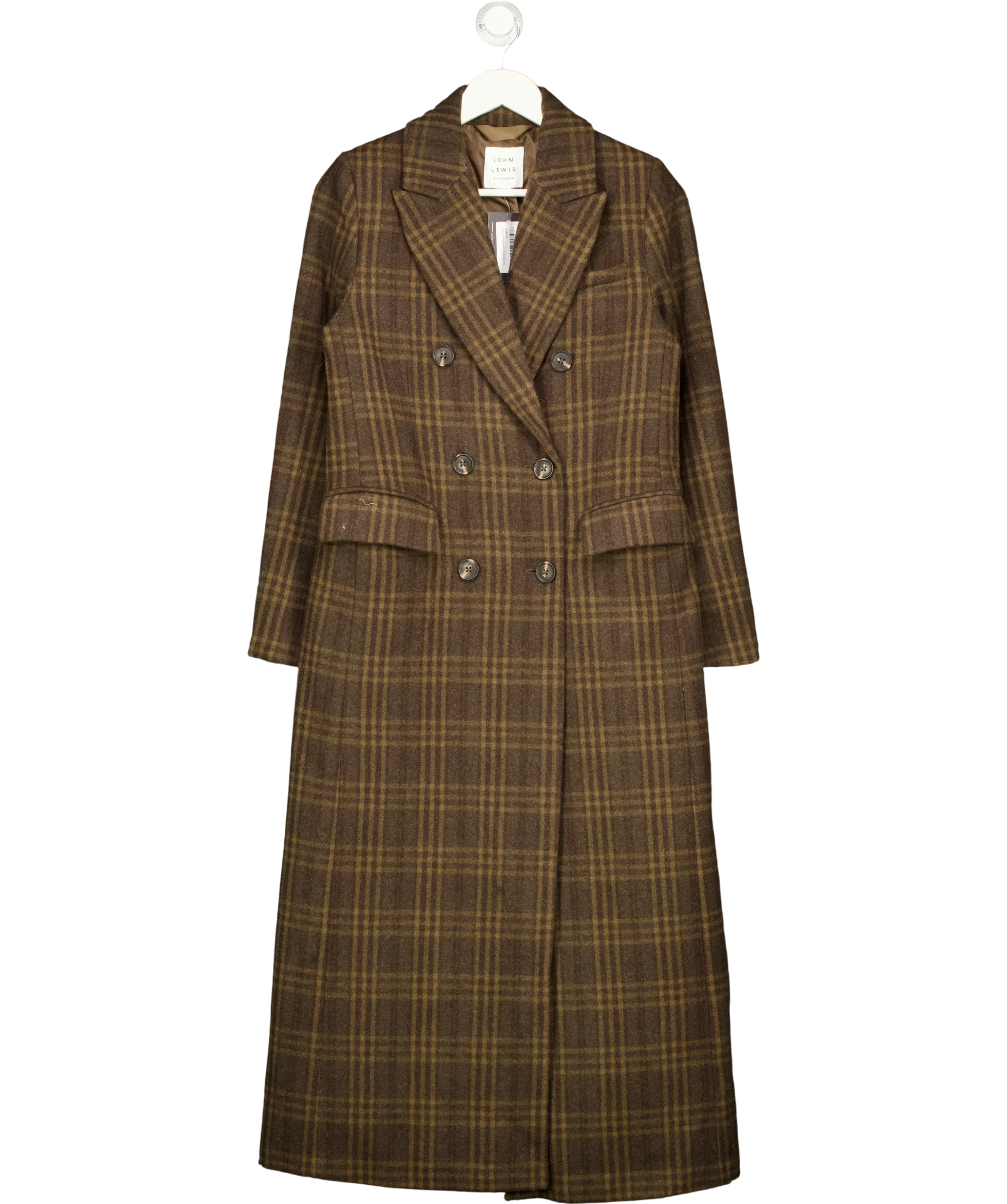 John Lewis Brown Double Breasted Wool Blend Check Coat Brown, size UK 8 — front