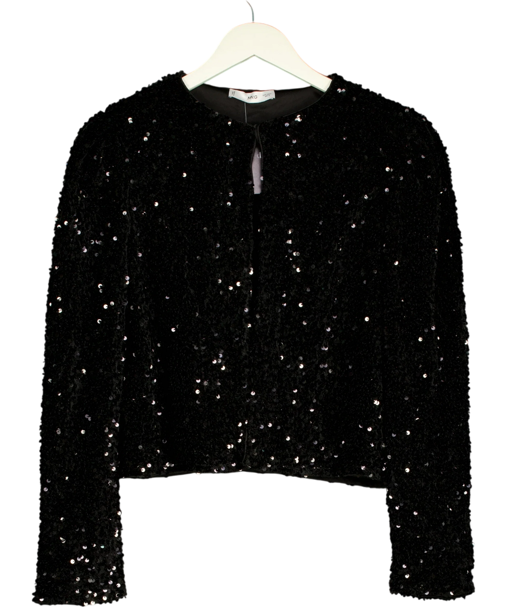 MANGO Mango Sequin Embellished Crop Jacket Black UK L — Front