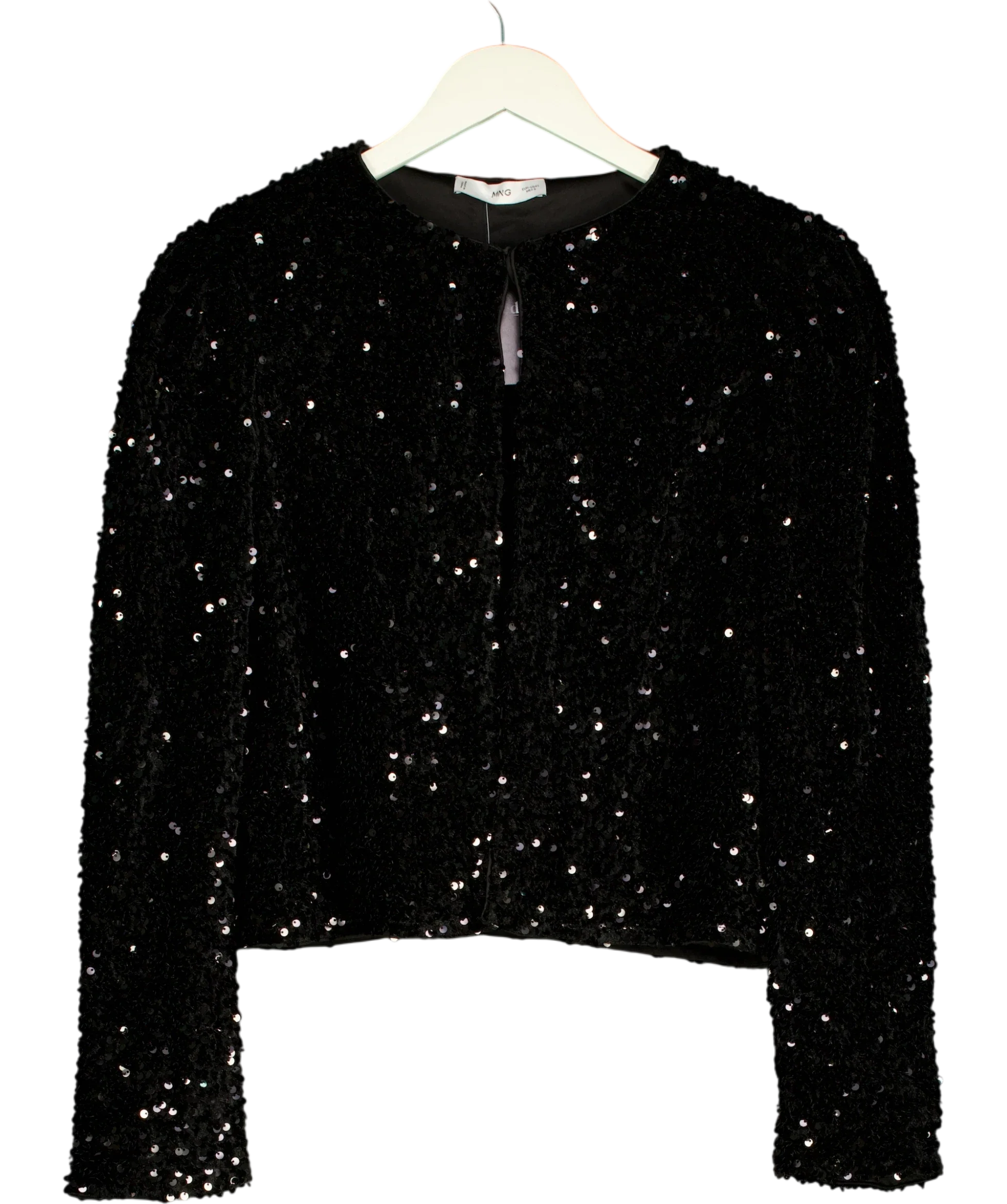 MANGO Mango Sequin Embellished Crop Jacket Black UK L — Front