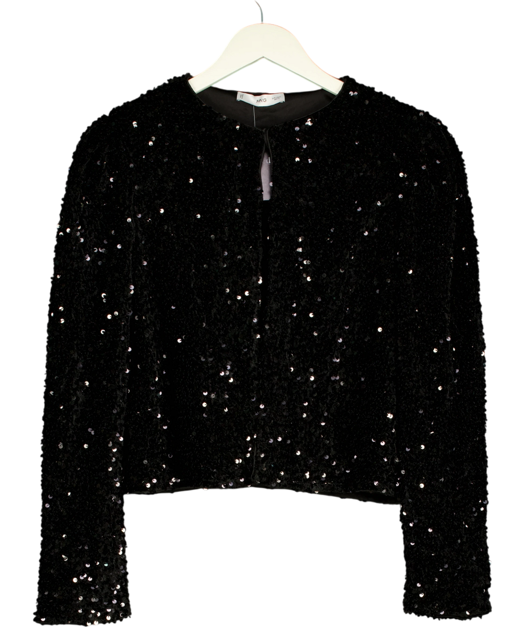 MANGO Mango Sequin Embellished Crop Jacket Black UK L — Front