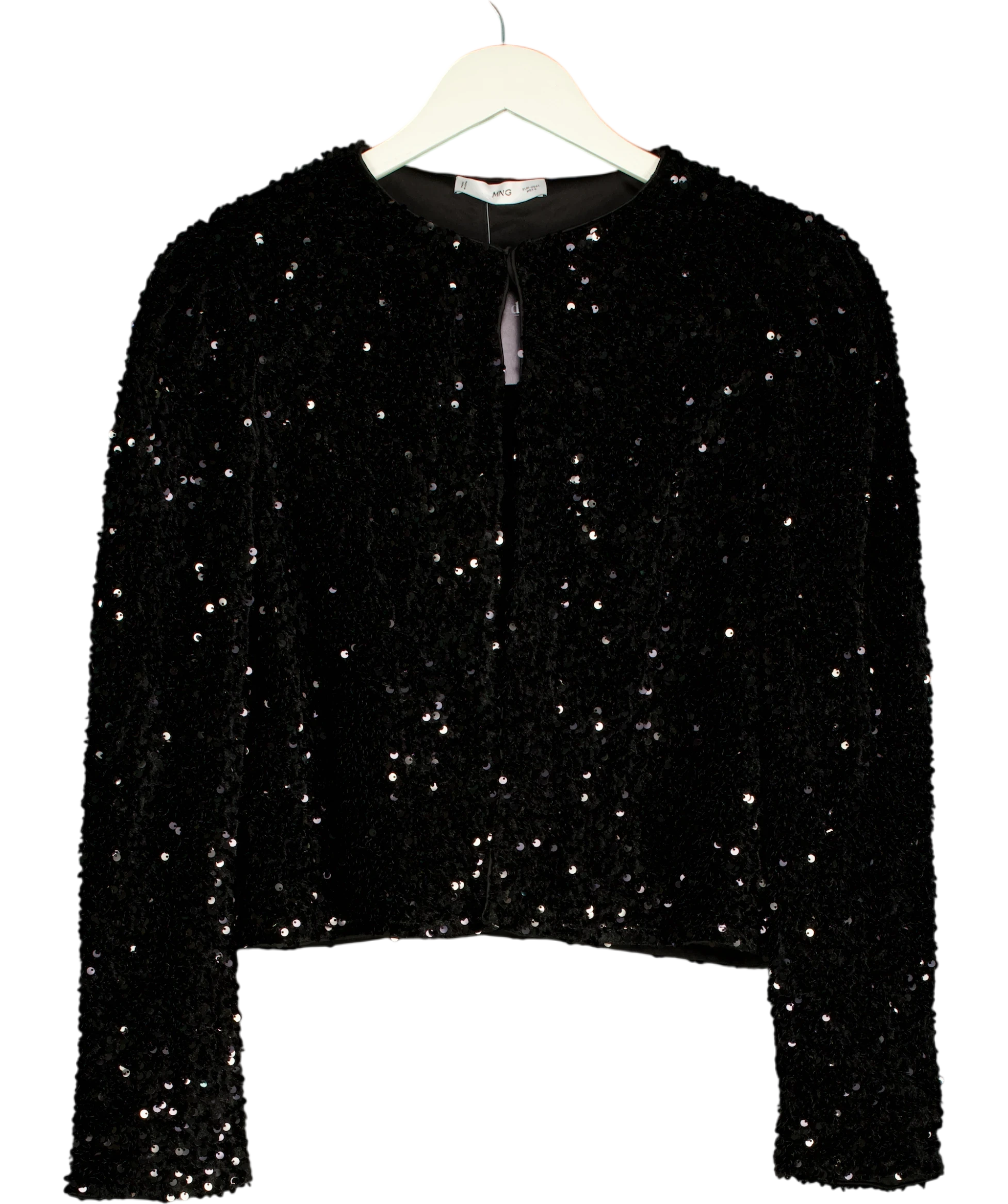 MANGO Mango Sequin Embellished Crop Jacket Black UK L — Front