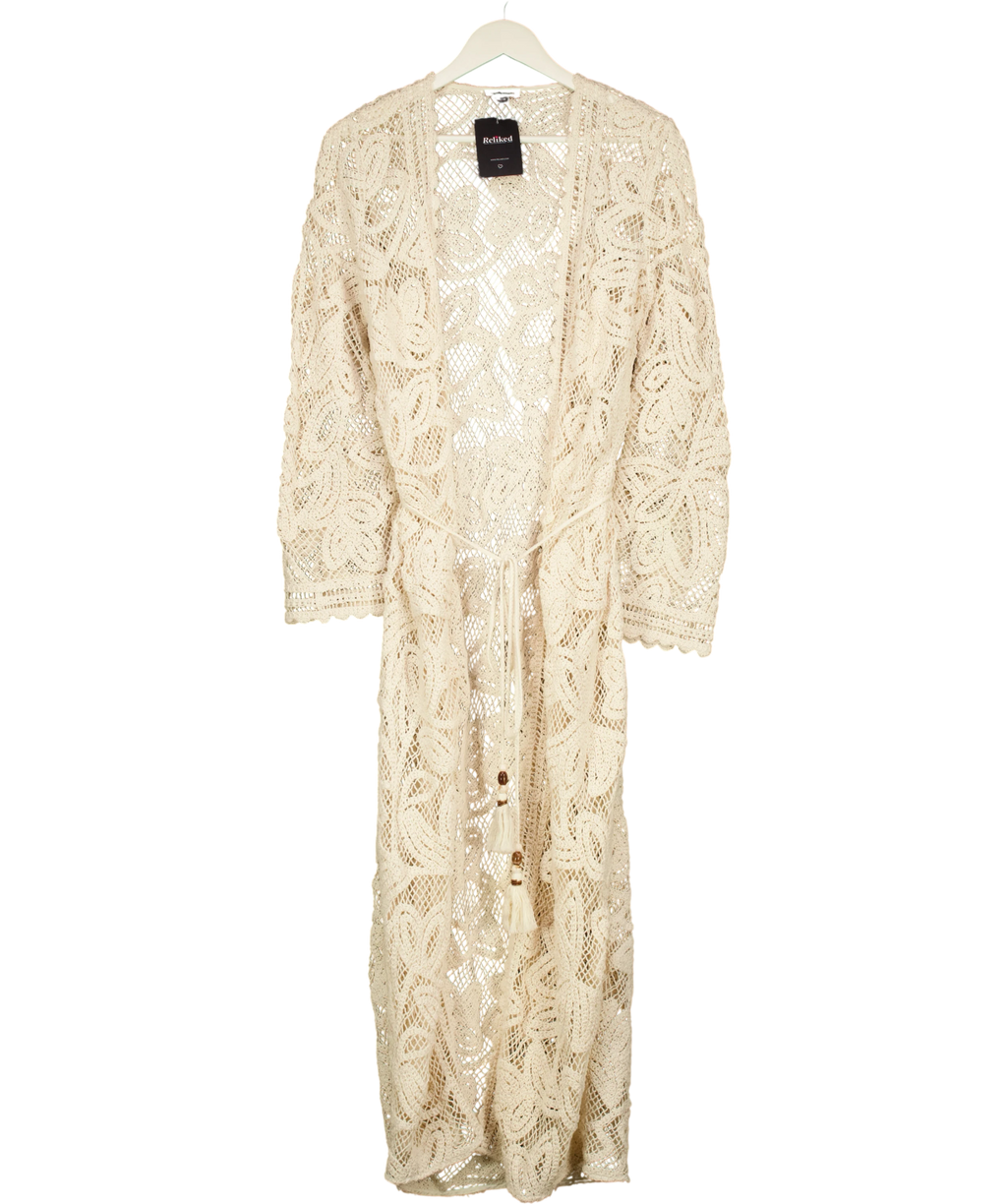 KAREN MILLEN Floral Crochet Long-sleeve Beach Kimono Robe Cream UK XS — Front