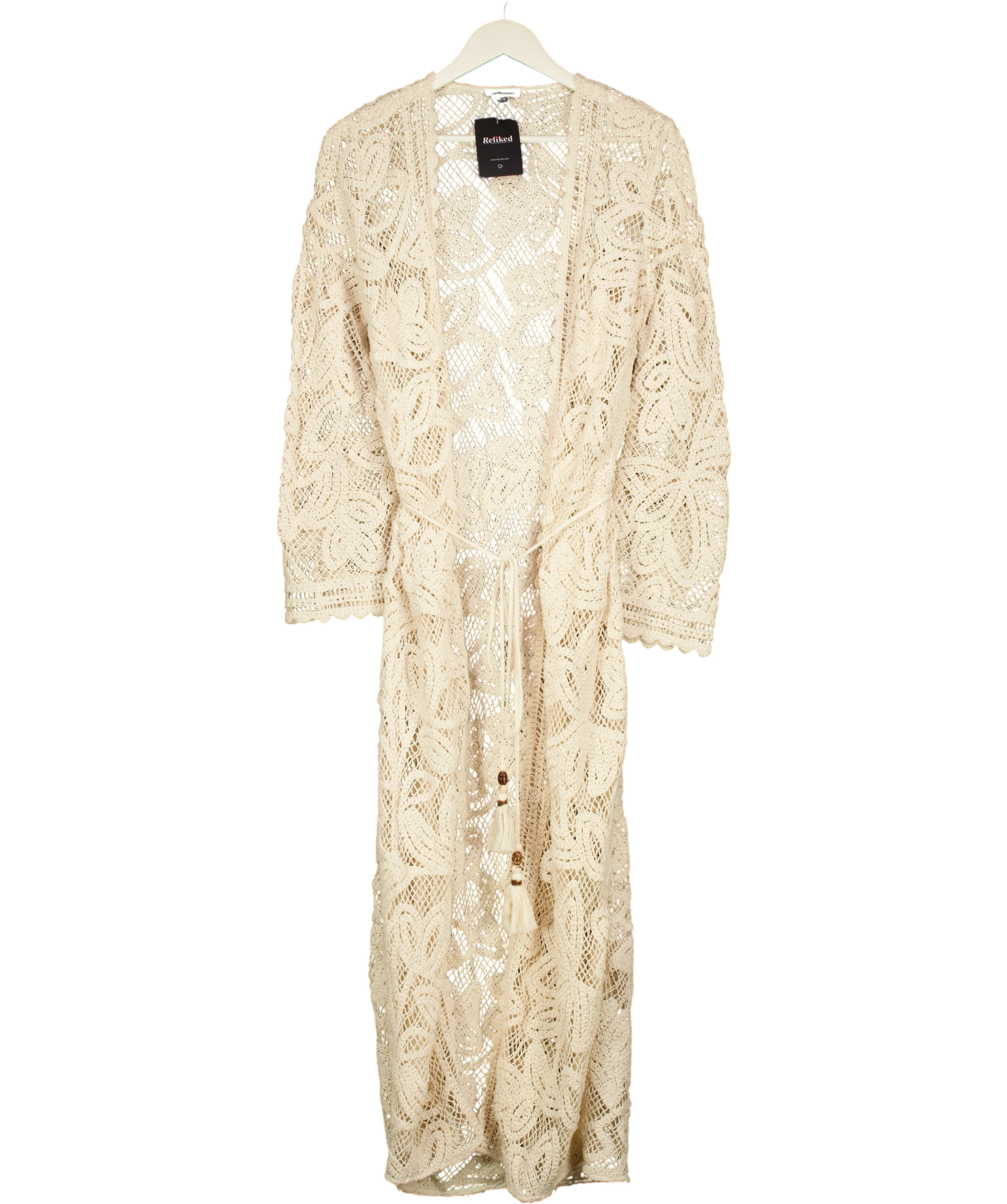 KAREN MILLEN Floral Crochet Long-sleeve Beach Kimono Robe Cream UK XS — Front