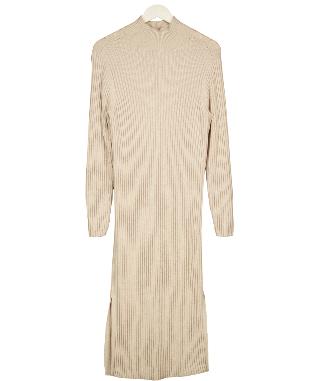 & OTHER STORIES Mock Neck Ribbed Wool Blend Maxi Dress Beige UK XS