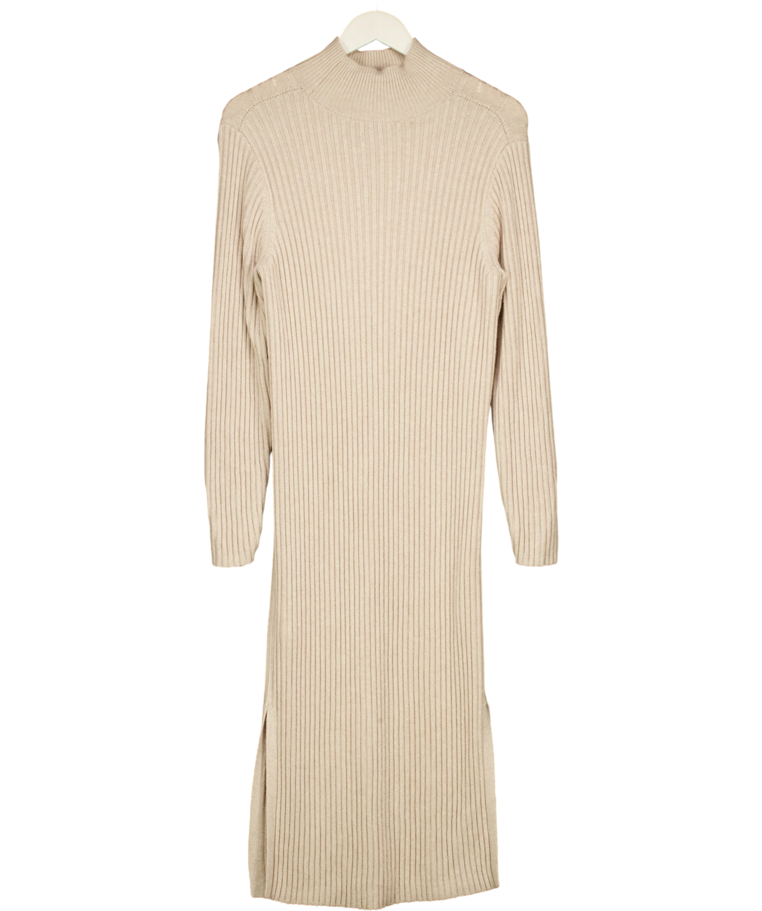 & OTHER STORIES Mock Neck Ribbed Wool Blend Maxi Dress Beige UK XS
