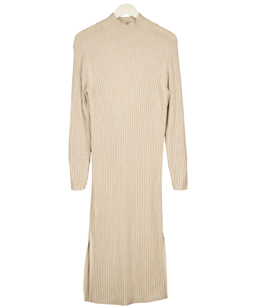 & OTHER STORIES Mock Neck Ribbed Wool Blend Maxi Dress Beige UK XS