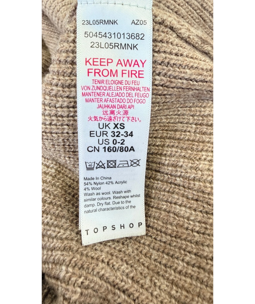 TOPSHOP Beige Mink Knitted Longline Ribbed Mock Neck Dress, size UK XS — label