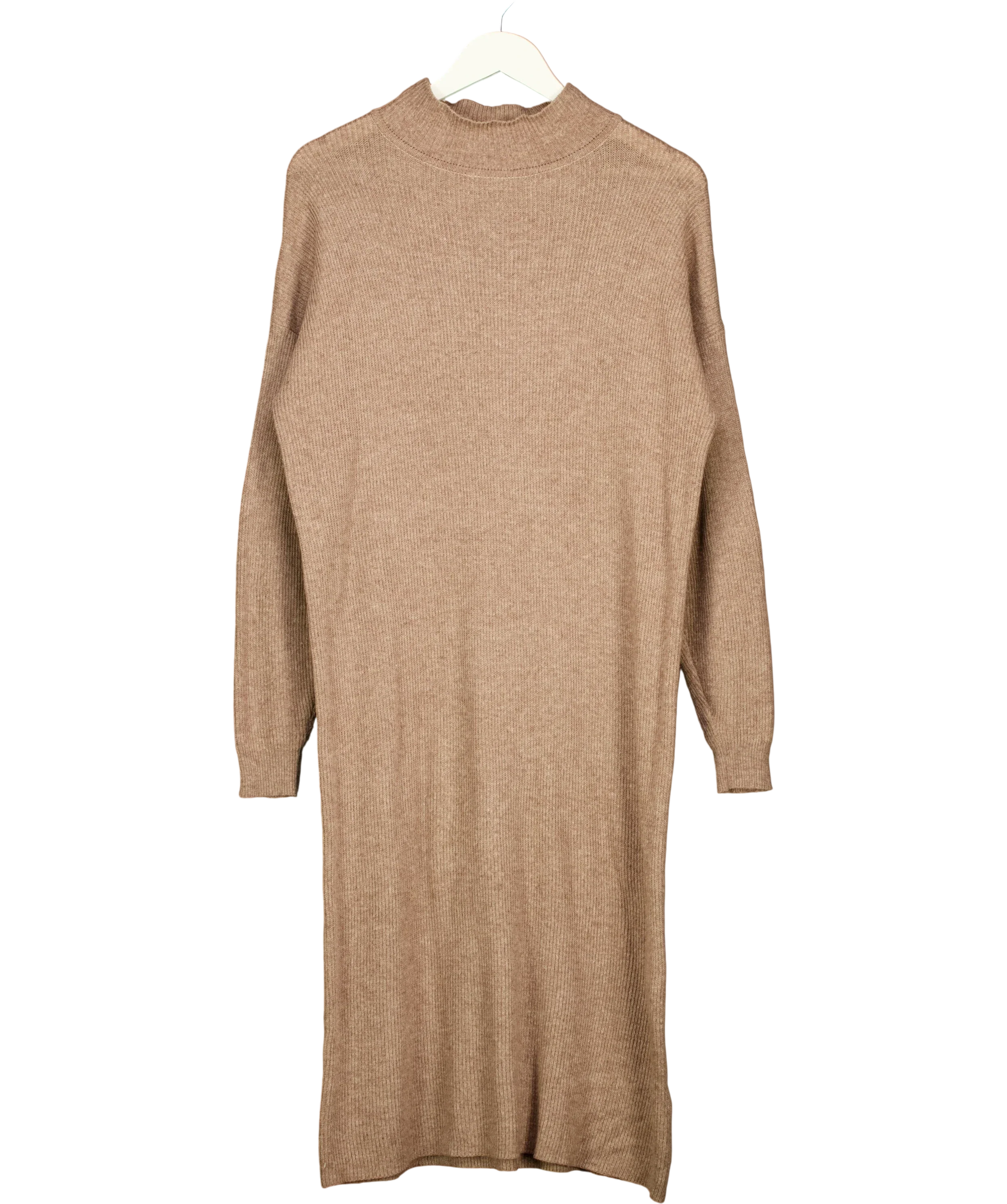 TOPSHOP Beige Mink Knitted Longline Ribbed Mock Neck Dress, size UK XS — front