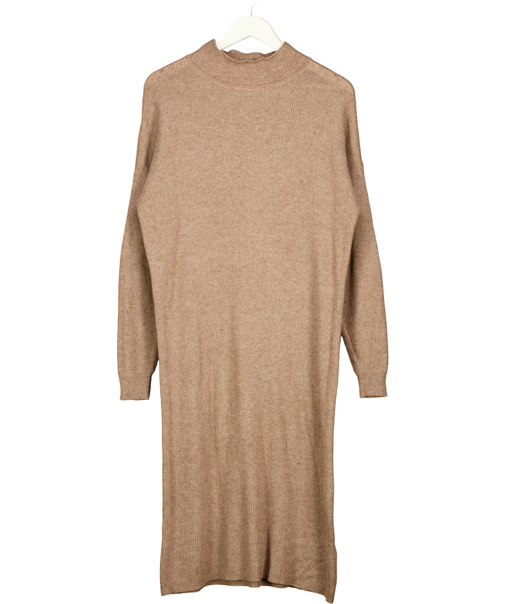 TOPSHOP Beige Mink Knitted Longline Ribbed Mock Neck Dress, size UK XS — front