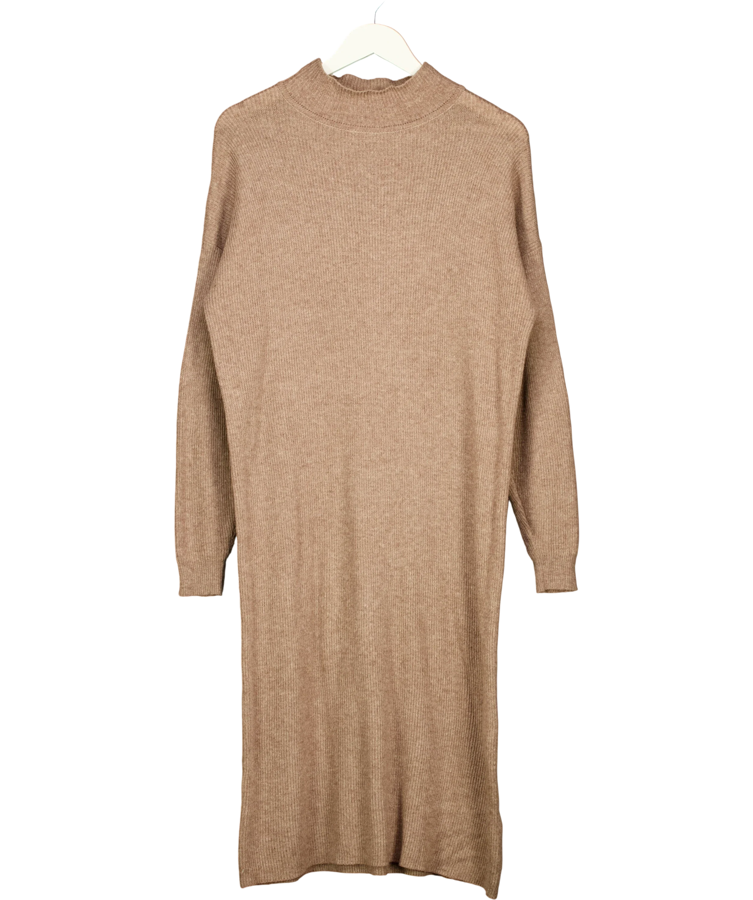 TOPSHOP Beige Mink Knitted Longline Ribbed Mock Neck Dress, size UK XS — front