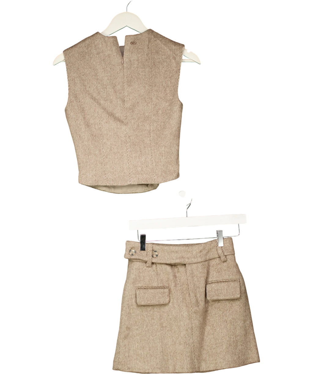 ODD MUSE Tweed Sleeveless Top & Mini Skirt Set Brown UK XS — Front