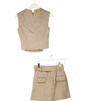 ODD MUSE Tweed Sleeveless Top & Mini Skirt Set Brown UK XS — Front