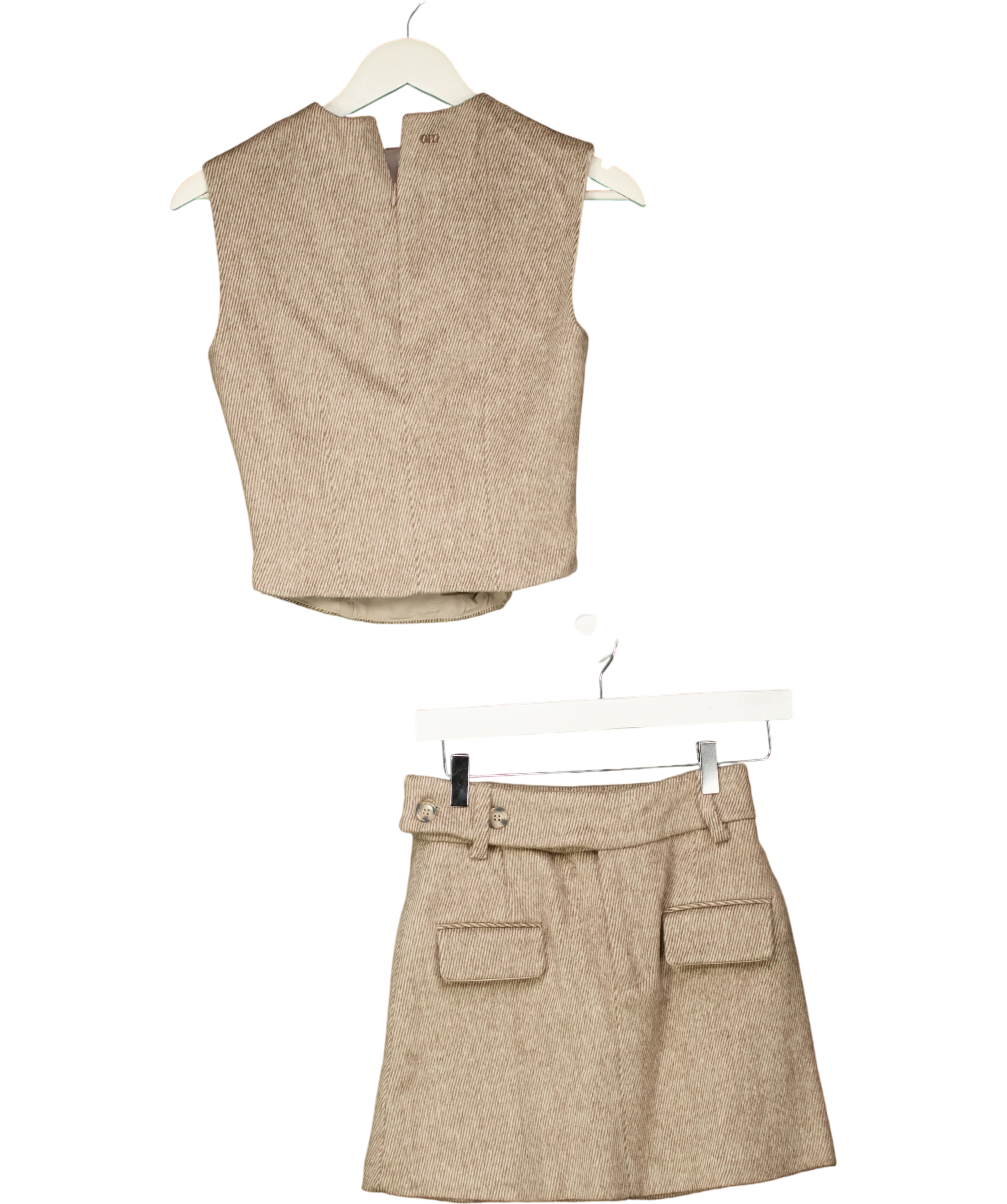 ODD MUSE Tweed Sleeveless Top & Mini Skirt Set Brown UK XS — Front