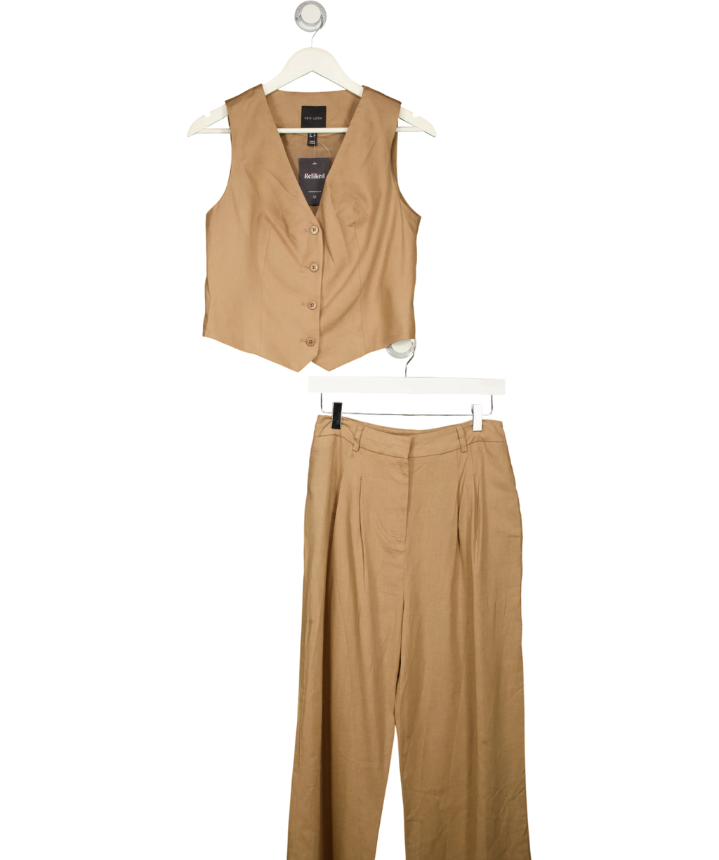 New Look Brown Tailored Waistcoat &  Matching Wide Leg Trousers Set UK 8 — Front