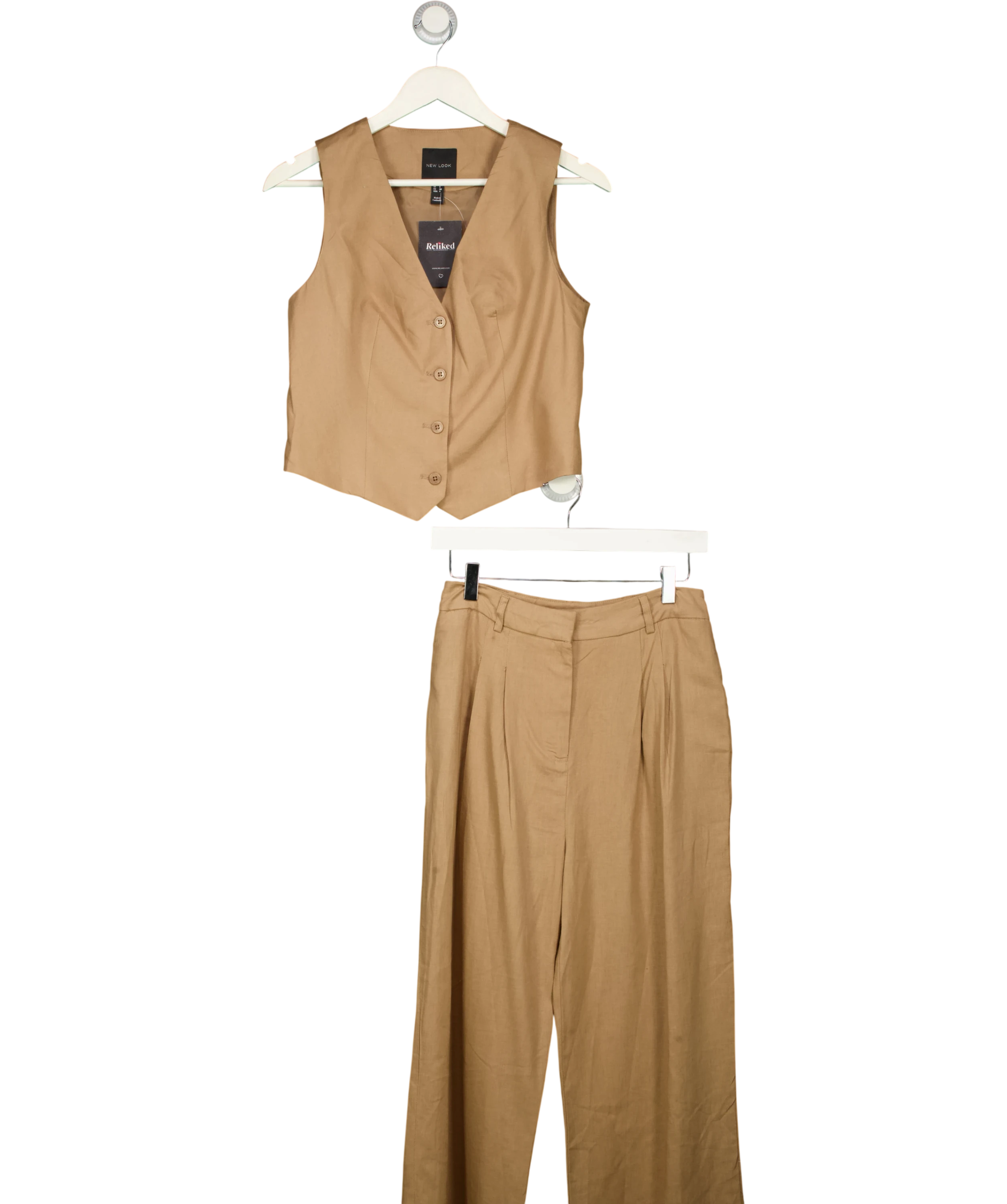 New Look Brown Tailored Waistcoat &  Matching Wide Leg Trousers Set UK 8 — Front