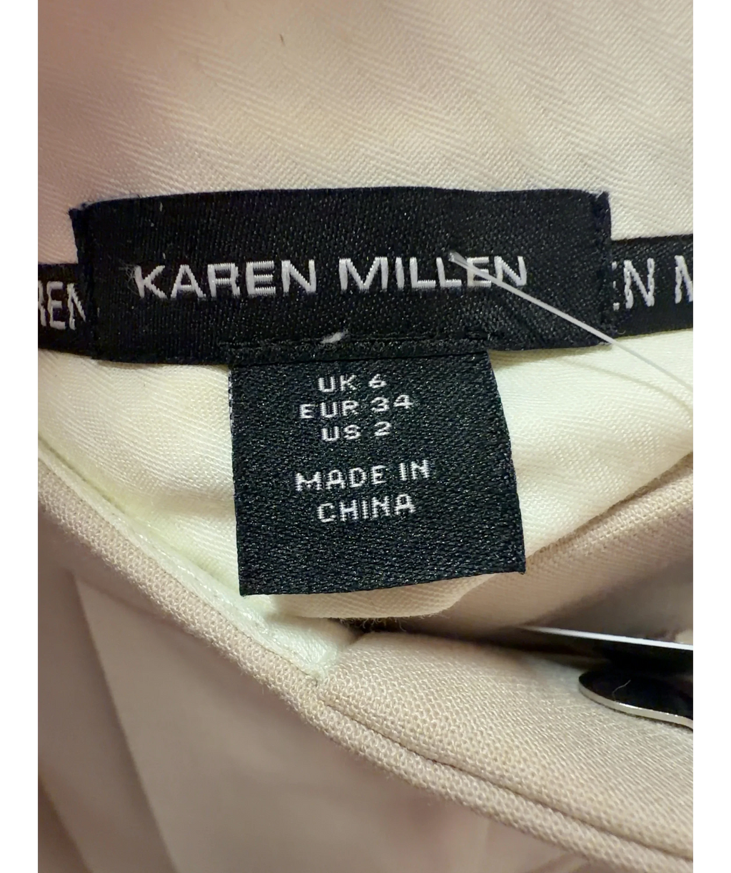 KAREN MILLEN Beige Tailored Structured Crepe Pleated Wide Leg Trousers, size UK 6 — detail