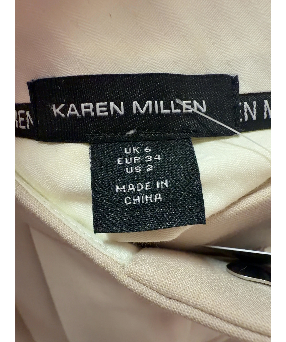 KAREN MILLEN Beige Tailored Structured Crepe Pleated Wide Leg Trousers, size UK 6 — detail