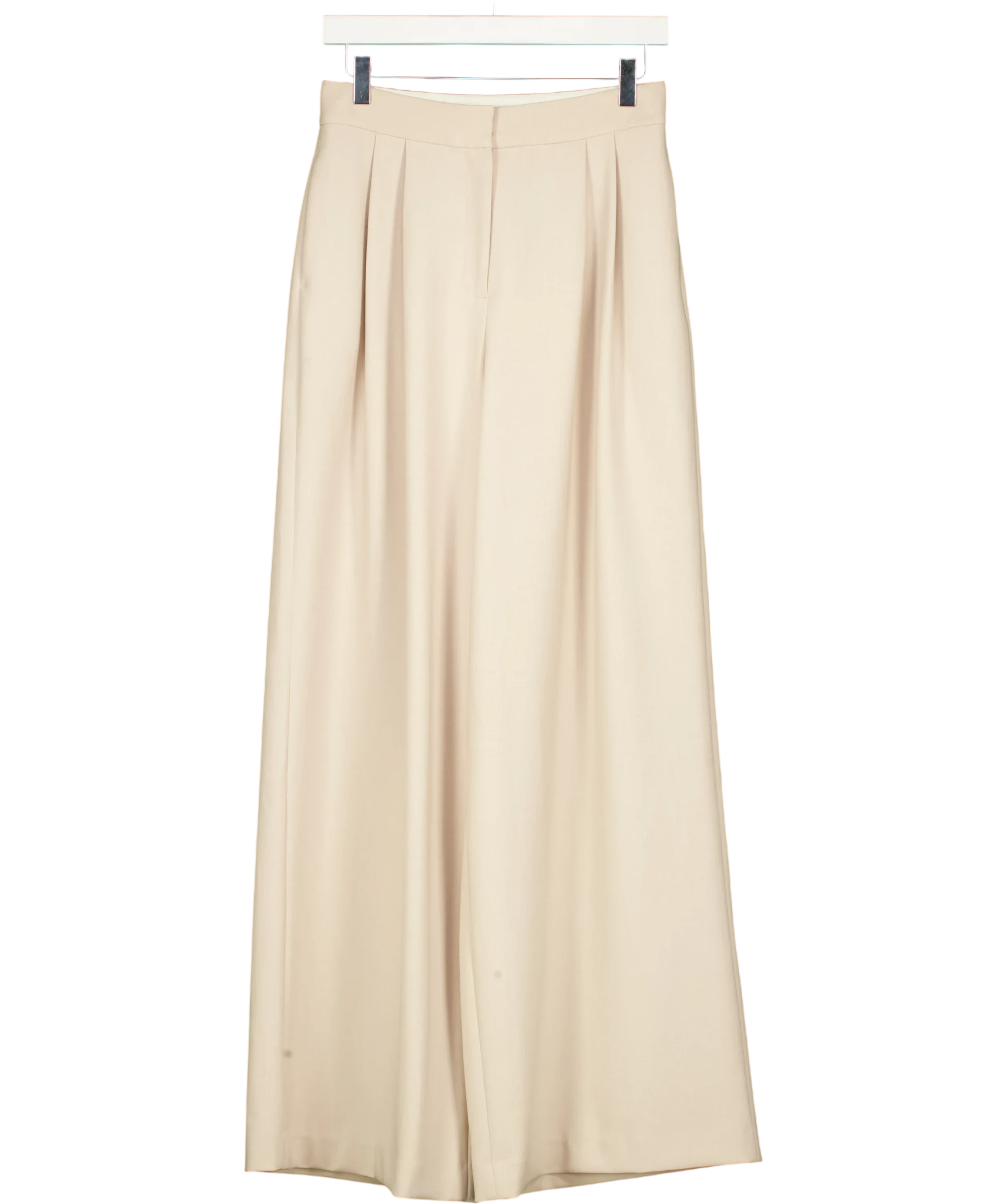 KAREN MILLEN Beige Tailored Structured Crepe Pleated Wide Leg Trousers, size UK 6 — front