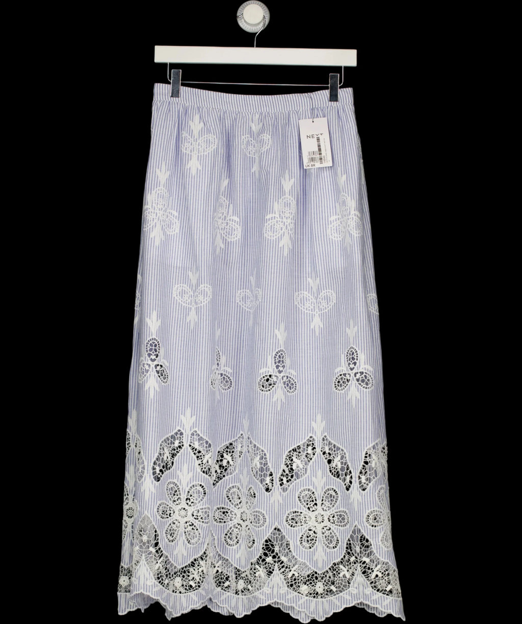 Next Blue Light Blue Striped Broderie Maxi Skirt, size UK 8 — detail
