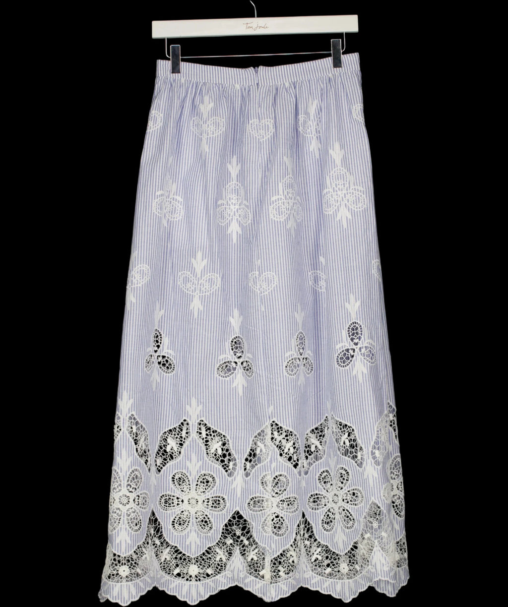 Next Blue Light Blue Striped Broderie Maxi Skirt, size UK 8 — label