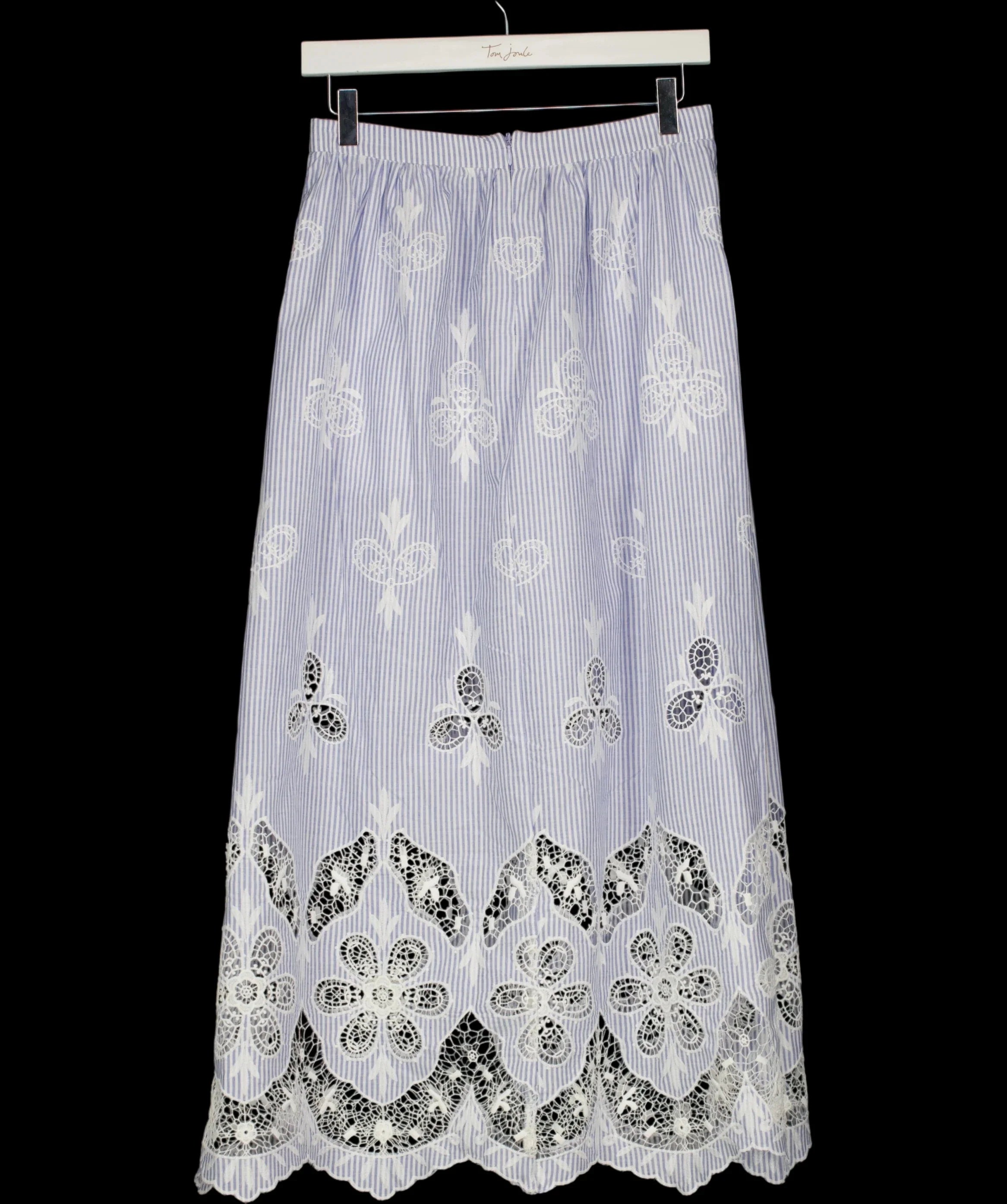 Next Blue Light Blue Striped Broderie Maxi Skirt, size UK 8 — label