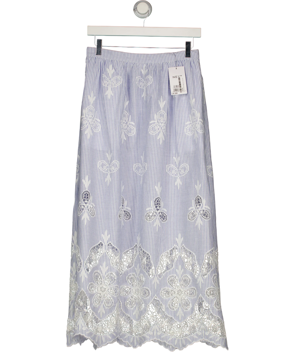 Next Blue Light Blue Striped Broderie Maxi Skirt, size UK 8 — front